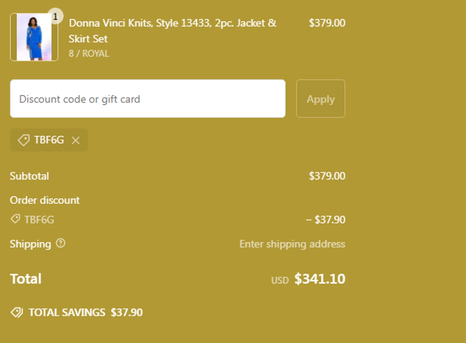 Womensuits.com promo code screenshot showing code TBF6G applied at Womensuits.com checkout page. Uploaded by SimplyCodes community member Usuario_simply on Feb 17, 2025