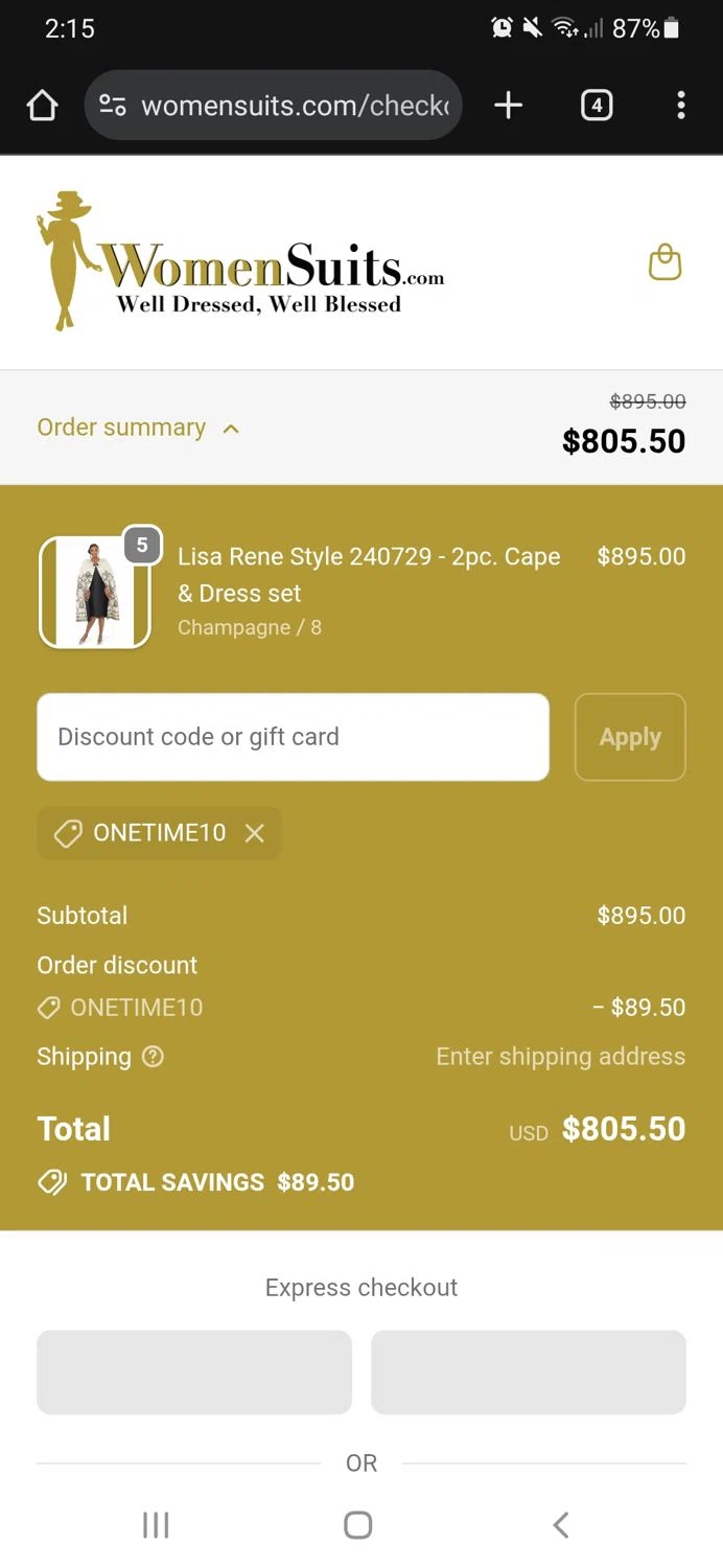 Womensuits.com promo code screenshot showing code ONETIME10 applied at Womensuits.com checkout page. Uploaded by SimplyCodes community member CouponSaver4196 on Oct 24, 2025