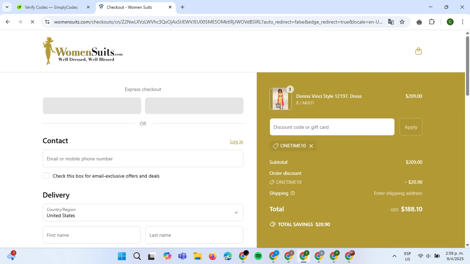 Womensuits.com promo code screenshot showing code ONETIME10 applied at Womensuits.com checkout page. Uploaded by SimplyCodes community member VoucherBoss6971 on Apr 9, 2025