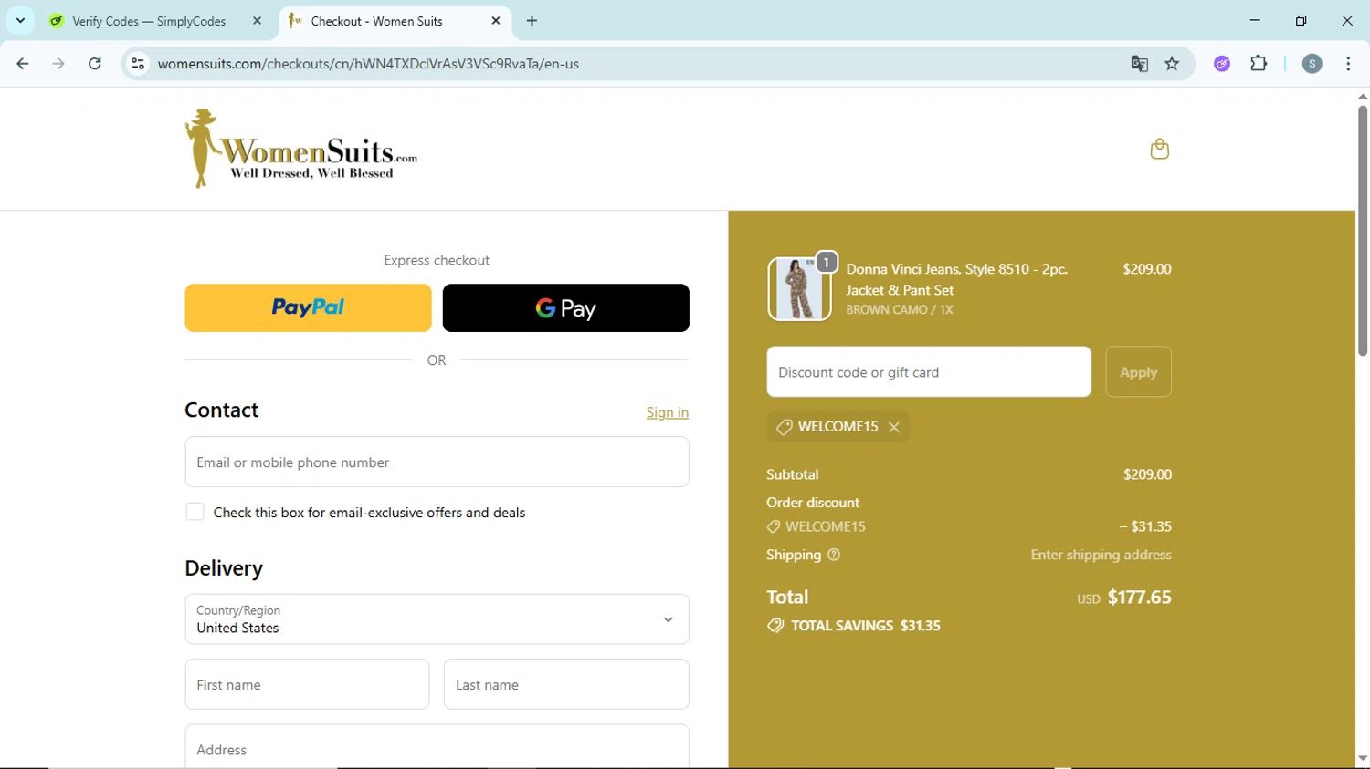 Womensuits.com promo code screenshot showing code WELCOME15 applied at Womensuits.com checkout page. Uploaded by SimplyCodes community member EpicScholar6418 on Oct 24, 2025