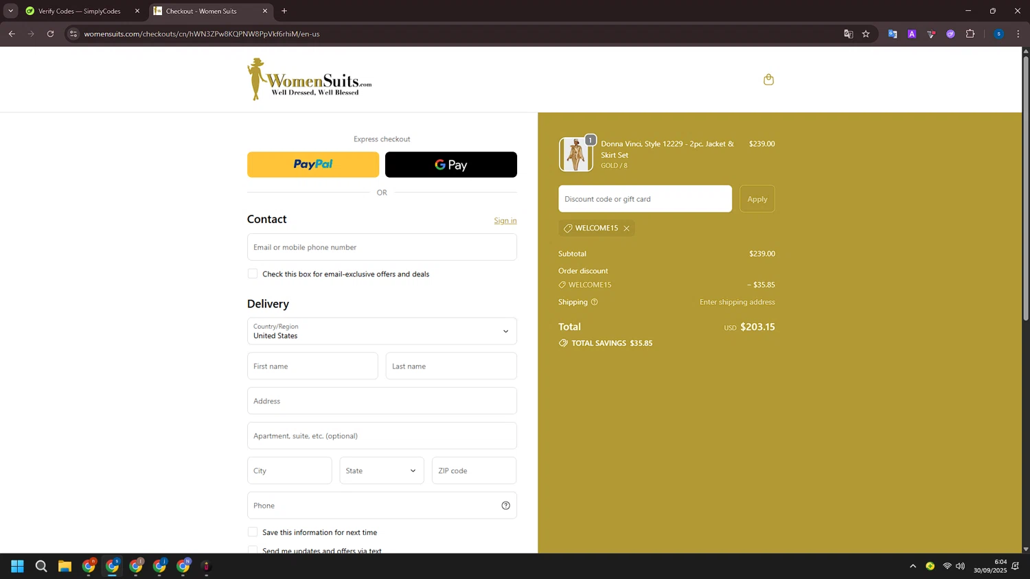 Womensuits.com promo code screenshot showing code WELCOME15 applied at Womensuits.com checkout page. Uploaded by SimplyCodes community member ExtraordinarySleuth4345 on Sep 30, 2025
