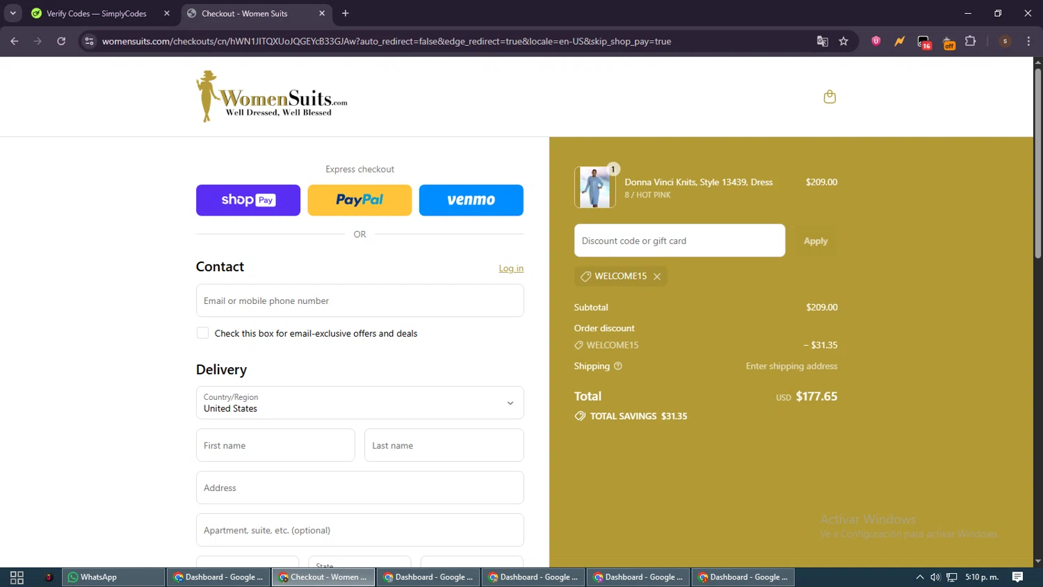 Womensuits.com promo code screenshot showing code WELCOME15 applied at Womensuits.com checkout page. Uploaded by SimplyCodes community member GoldSentinel1426 on Aug 1, 2025