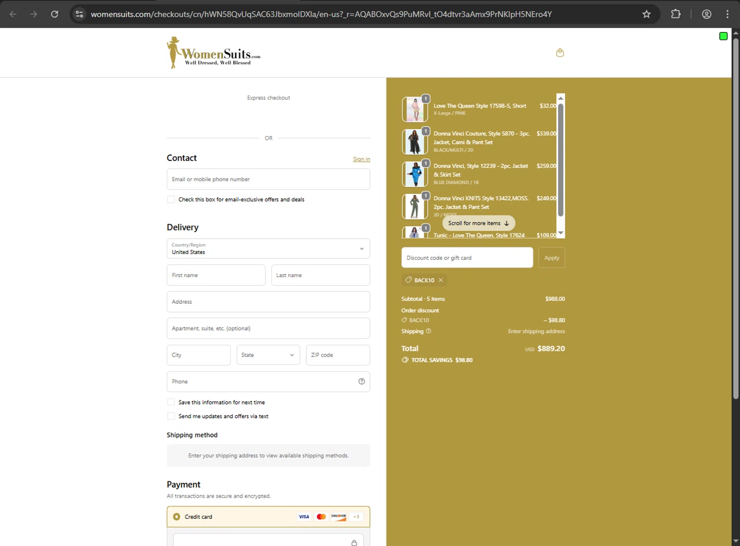 Womensuits.com promo code screenshot showing code BACK10 applied at Womensuits.com checkout page. Uploaded by SimplyCodes community member ValiantFox2134 on Nov 10, 2025