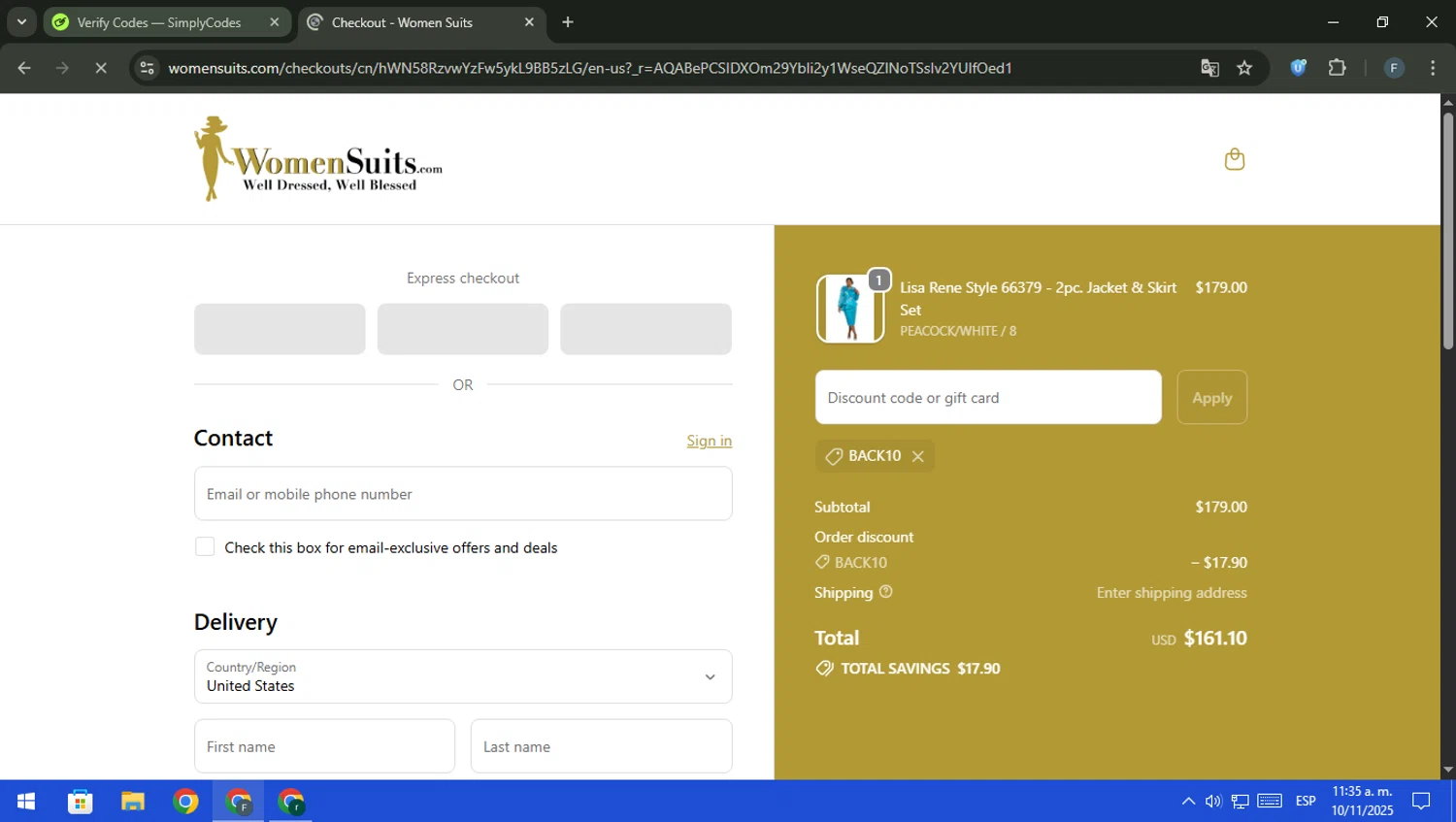 Womensuits.com promo code screenshot showing code BACK10 applied at Womensuits.com checkout page. Uploaded by SimplyCodes community member pajarito on Nov 10, 2025