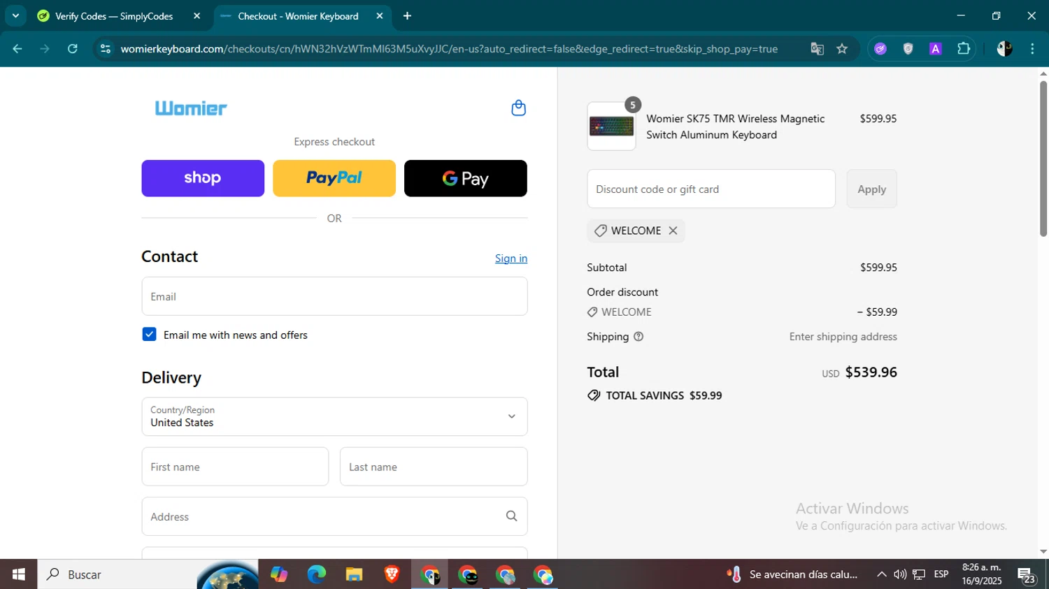 Womier discount code screenshot showing code WELCOME applied at Womier checkout page. Uploaded by SimplyCodes community member CleverSage9163 on Sep 16, 2025