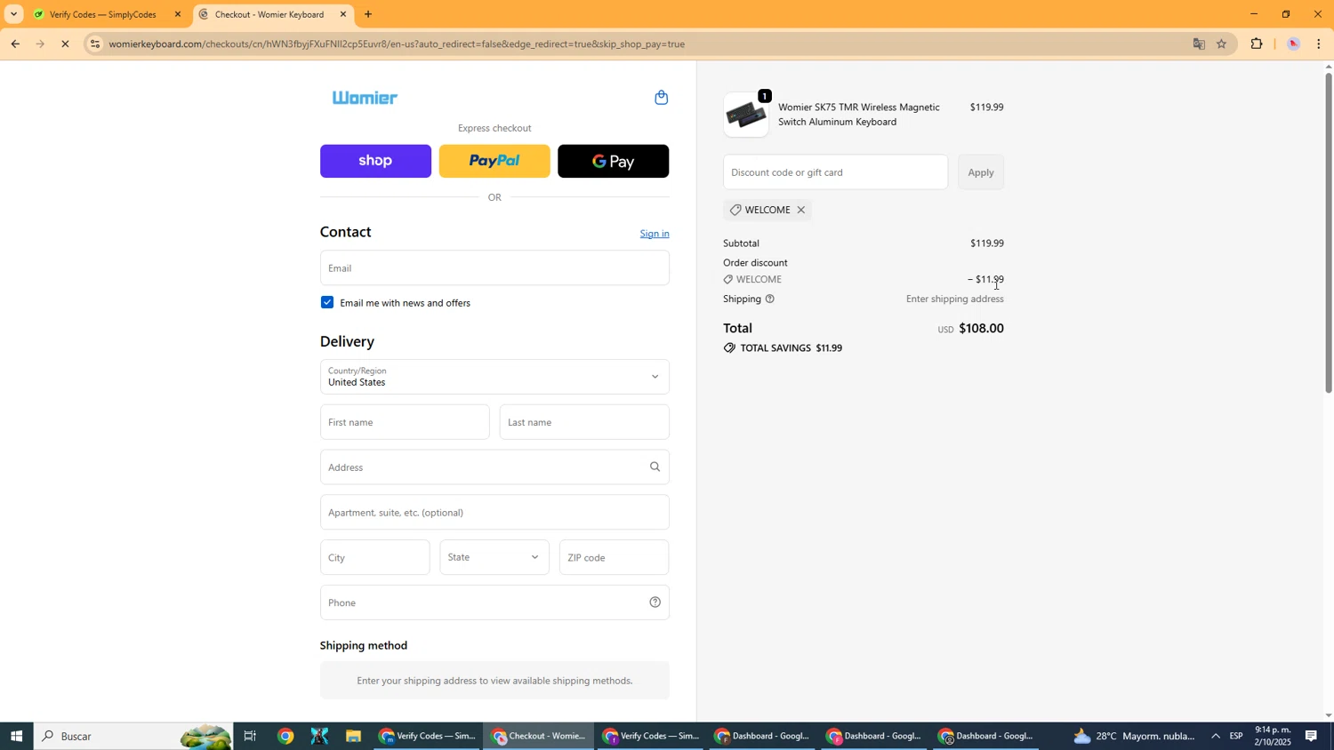 Womier discount code screenshot showing code WELCOME applied at Womier checkout page. Uploaded by SimplyCodes community member DealScout5970 on Oct 3, 2025
