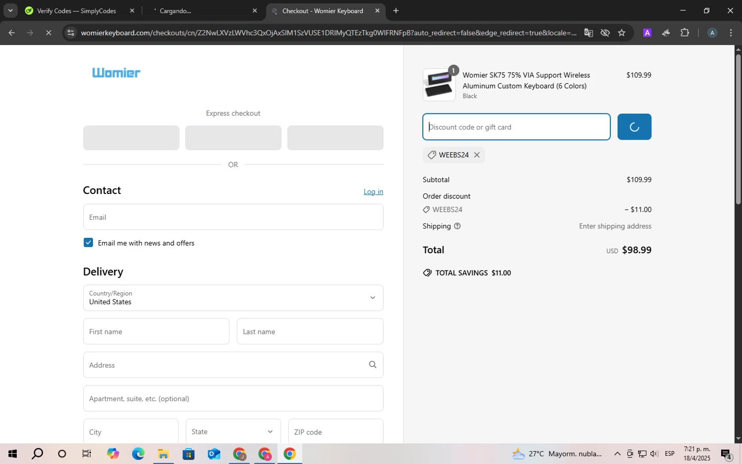 Womier discount code screenshot showing code Weebs24 applied at Womier checkout page. Uploaded by SimplyCodes community member ScanSpotter8851 on Apr 18, 2025