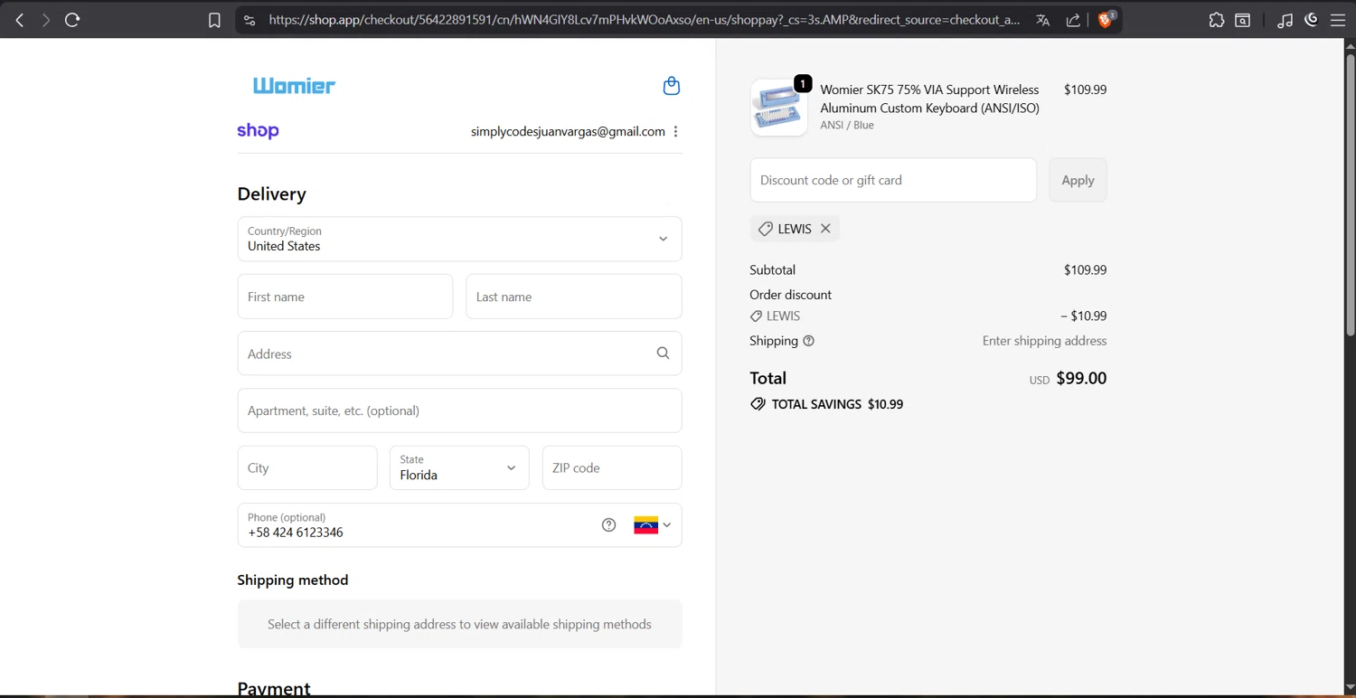 Womier discount code screenshot showing code LEWIS applied at Womier checkout page. Uploaded by SimplyCodes community member juanvargas1 on Oct 18, 2025