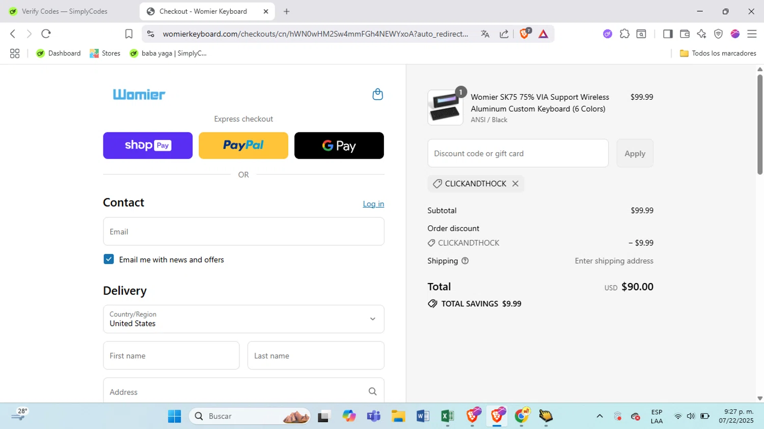 Womier discount code screenshot showing code CLICKANDTHOCK applied at Womier checkout page. Uploaded by SimplyCodes community member BrilliantSpotter8809 on Jul 23, 2025