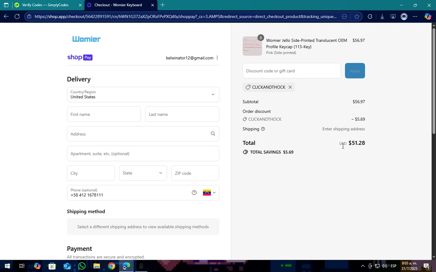 Womier discount code screenshot showing code CLICKANDTHOCK applied at Womier checkout page. Uploaded by SimplyCodes community member SOPACONPAN on Jul 31, 2025