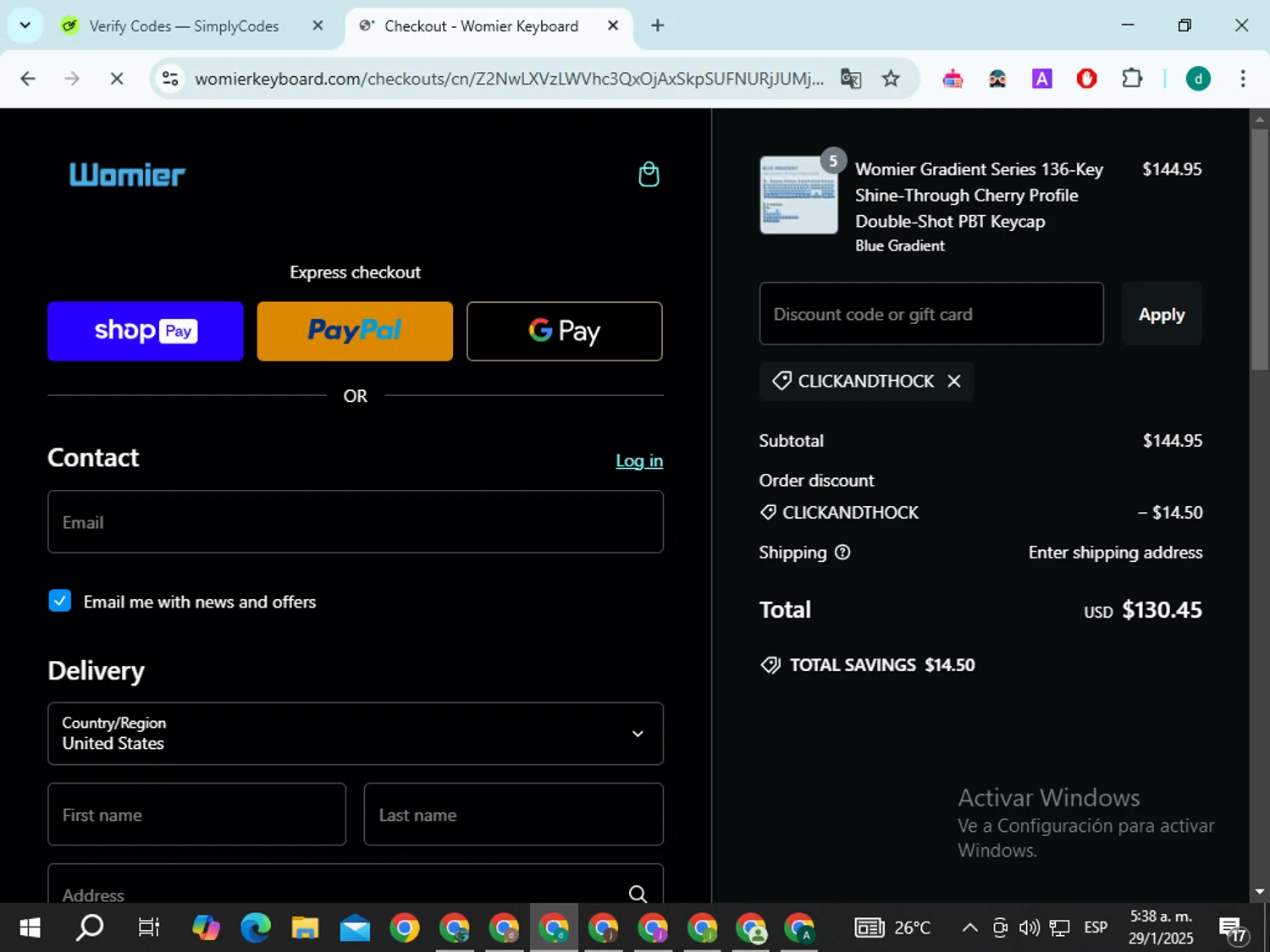 Womier discount code screenshot showing code CLICKANDTHOCK applied at Womier checkout page. Uploaded by SimplyCodes community member ExtraordinaryNavigator4975 on Jan 29, 2025