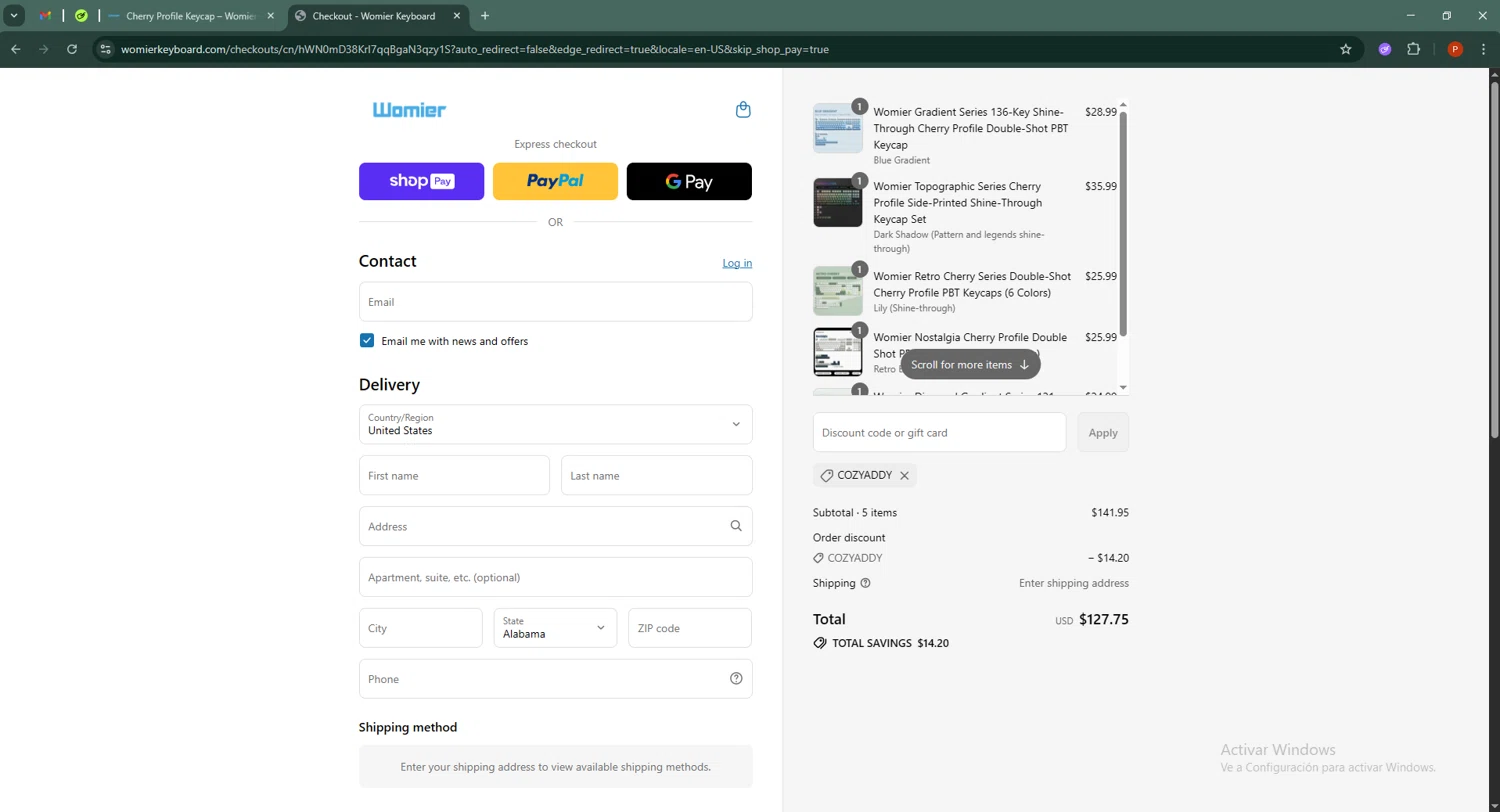 Womier discount code screenshot showing code COZYADDY applied at Womier checkout page. Uploaded by SimplyCodes community member Isabelle_adjanichamber on Jul 18, 2025