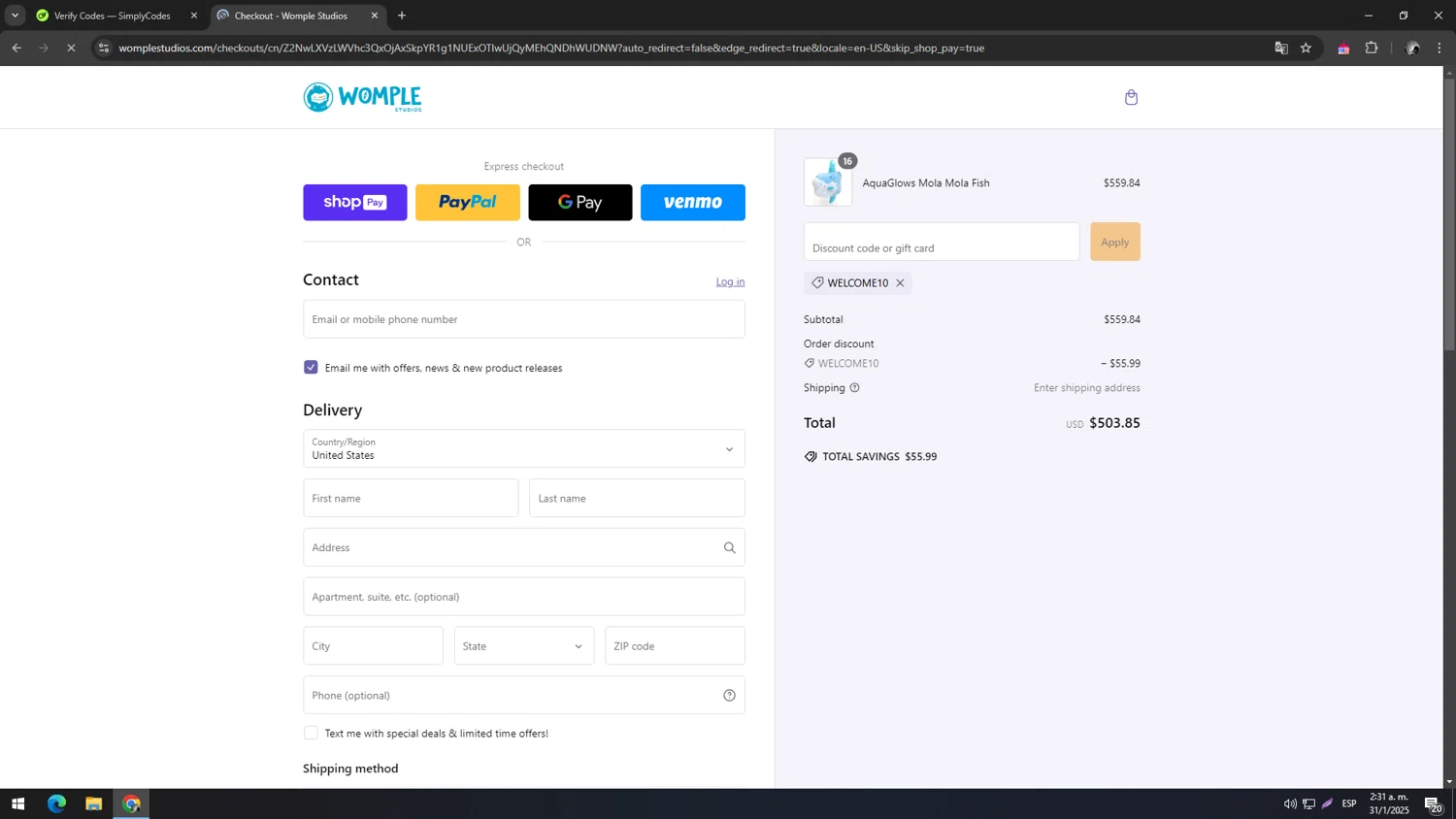 Womple Studios promo code screenshot showing code WELCOME10 applied at Womple Studios checkout page. Uploaded by SimplyCodes community member TUNGTUNG on Jan 31, 2025