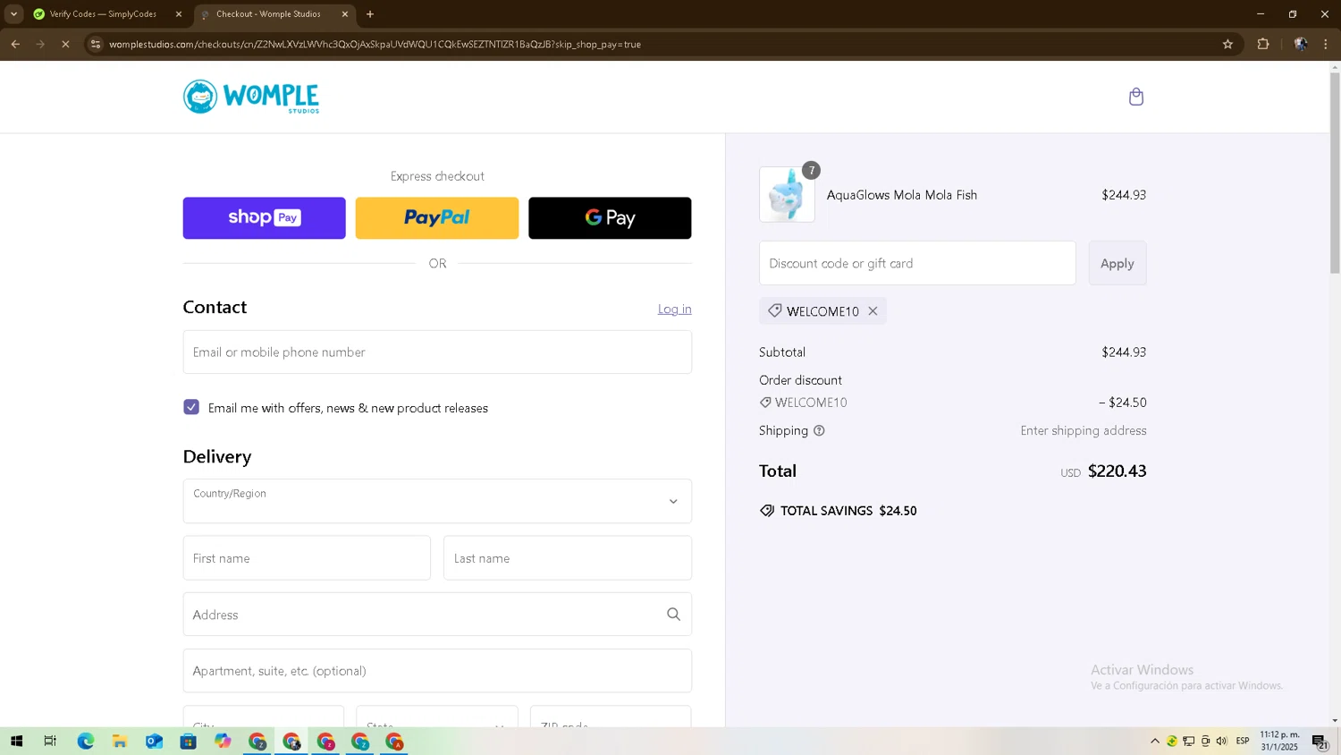 Womple Studios promo code screenshot showing code WELCOME10 applied at Womple Studios checkout page. Uploaded by SimplyCodes community member zadquiel on Feb 1, 2025