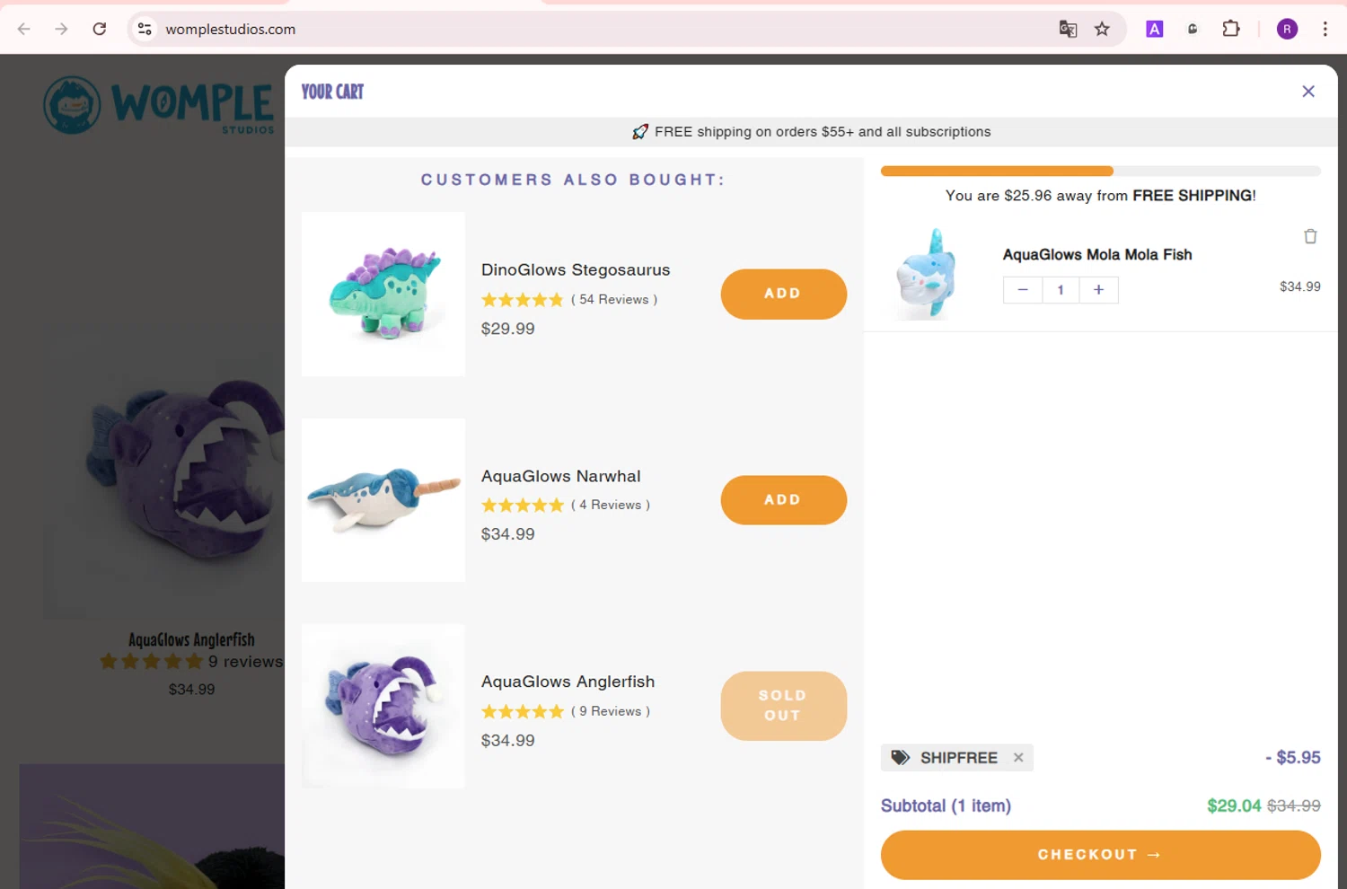 Womple Studios promo code screenshot showing code SHIPFREE applied at Womple Studios checkout page. Uploaded by SimplyCodes community member BonusDefender8823 on Sep 10, 2025