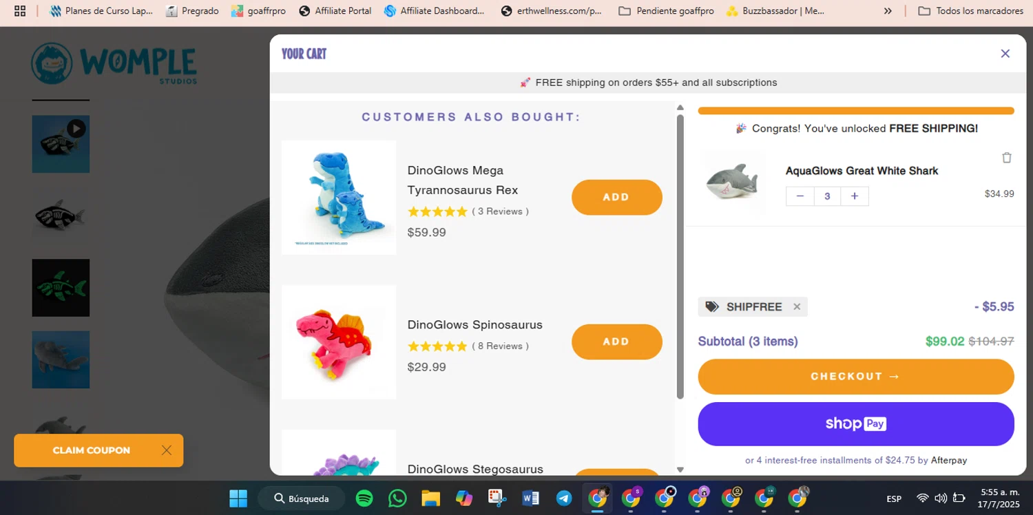 Womple Studios promo code screenshot showing code SHIPFREE applied at Womple Studios checkout page. Uploaded by SimplyCodes community member luisaballera on Jul 17, 2025