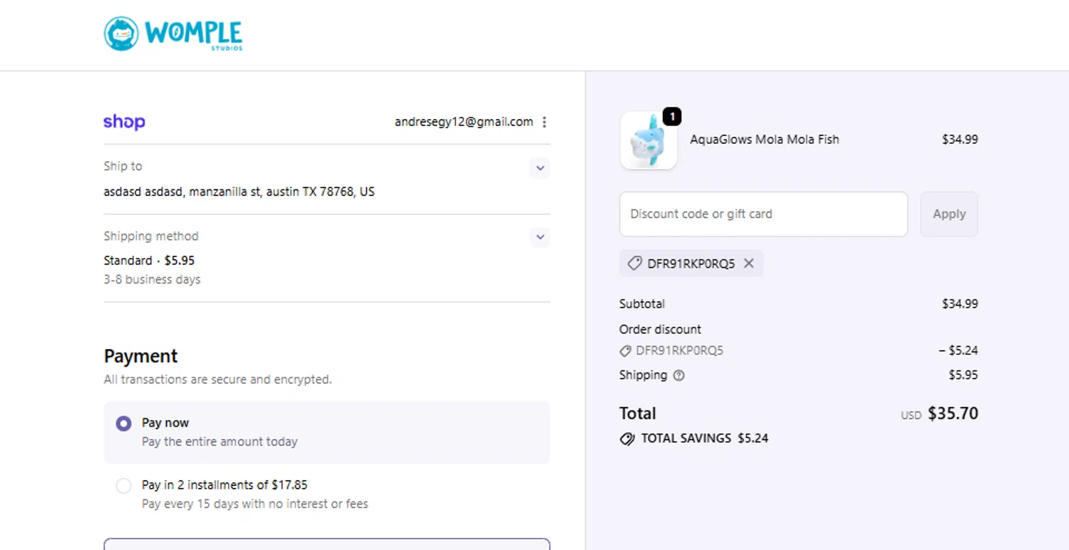 Womple Studios promo code screenshot showing code DFR91RKP0RQ5 applied at Womple Studios checkout page. Uploaded by SimplyCodes community member Woskal on Nov 8, 2025