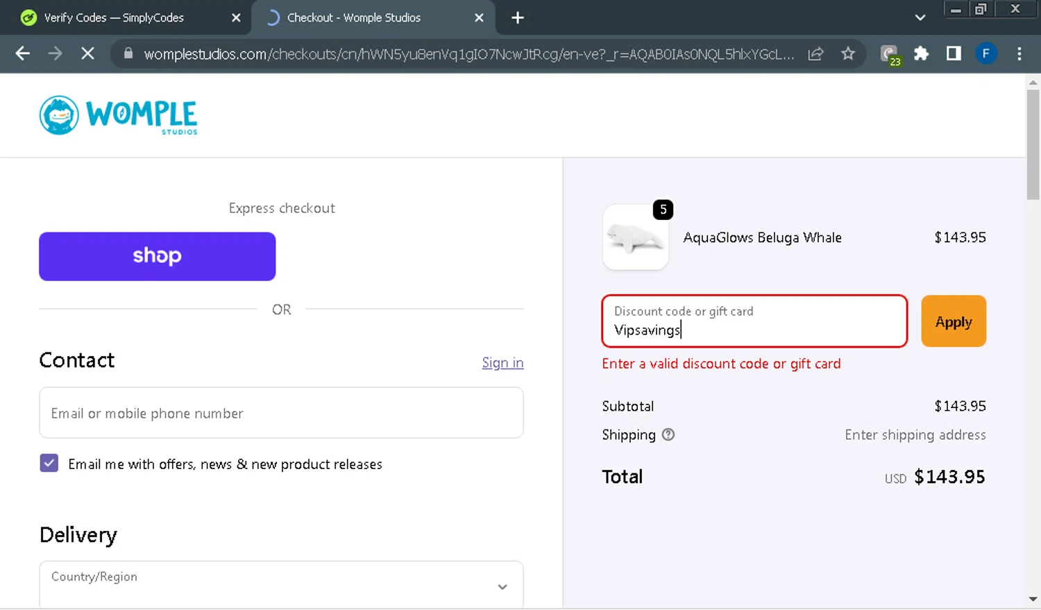 Womple Studios promo code screenshot showing code Vipsavings applied at Womple Studios checkout page. Uploaded by SimplyCodes community member Fraimer on Dec 2, 2025