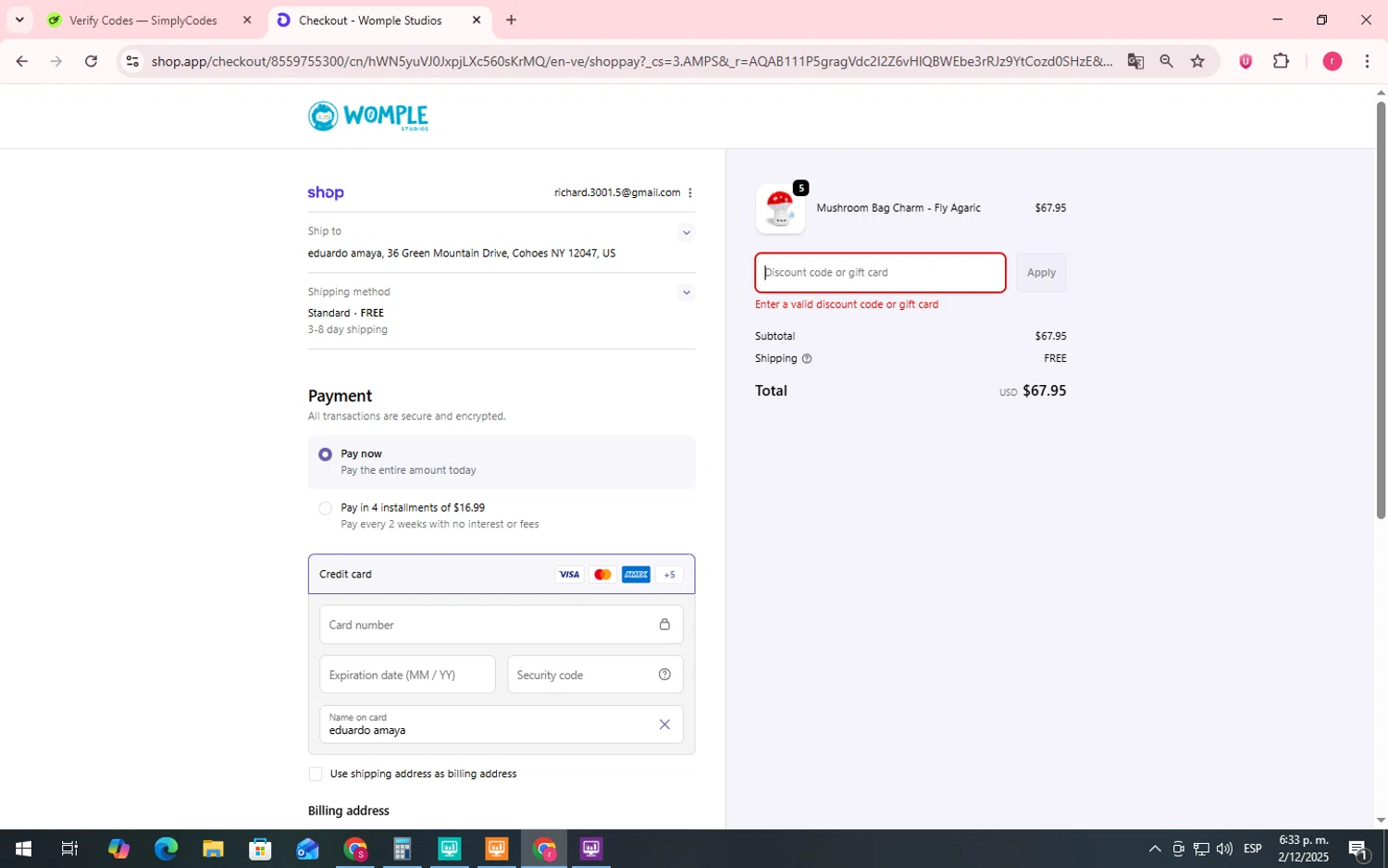 Womple Studios promo code screenshot showing code Vipsavings applied at Womple Studios checkout page. Uploaded by SimplyCodes community member LegendaryWhiz3517 on Dec 2, 2025