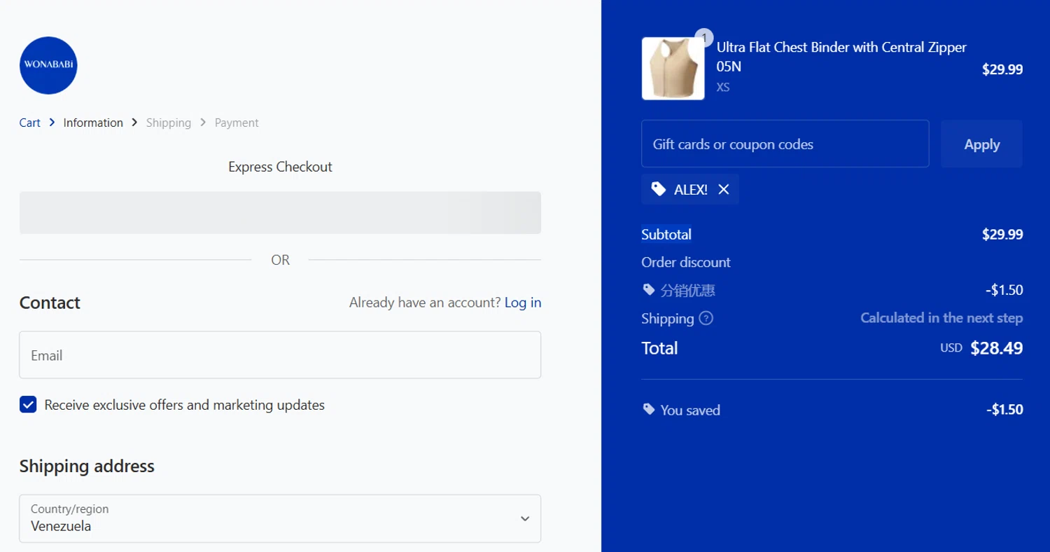 Wonababi promo code screenshot showing code ALEX! applied at Wonababi checkout page. Uploaded by SimplyCodes community member RewardCurator5232 on Nov 14, 2025