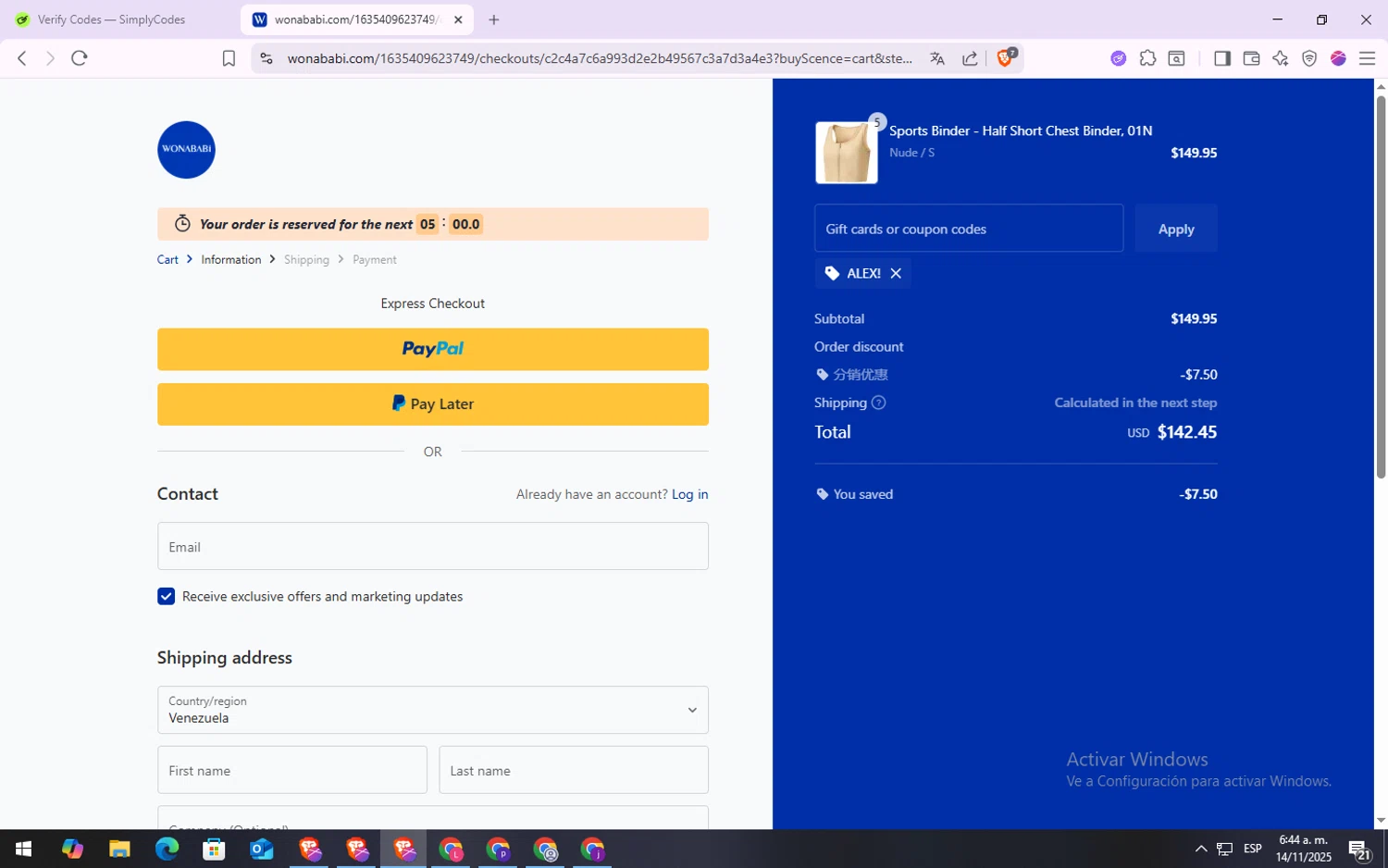 Wonababi promo code screenshot showing code ALEX! applied at Wonababi checkout page. Uploaded by SimplyCodes community member VoucherSpotter6910 on Nov 14, 2025