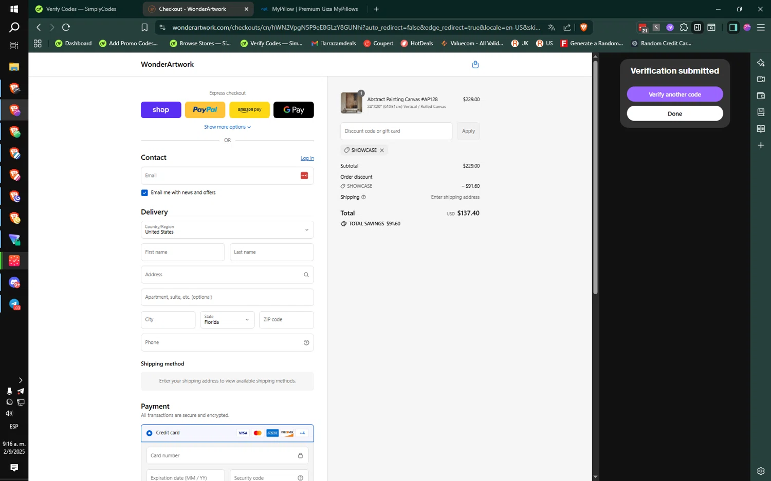 Wonder Artwork promo code screenshot showing code SHOWCASE applied at Wonder Artwork checkout page. Uploaded by SimplyCodes community member jMoya06 on Sep 2, 2025