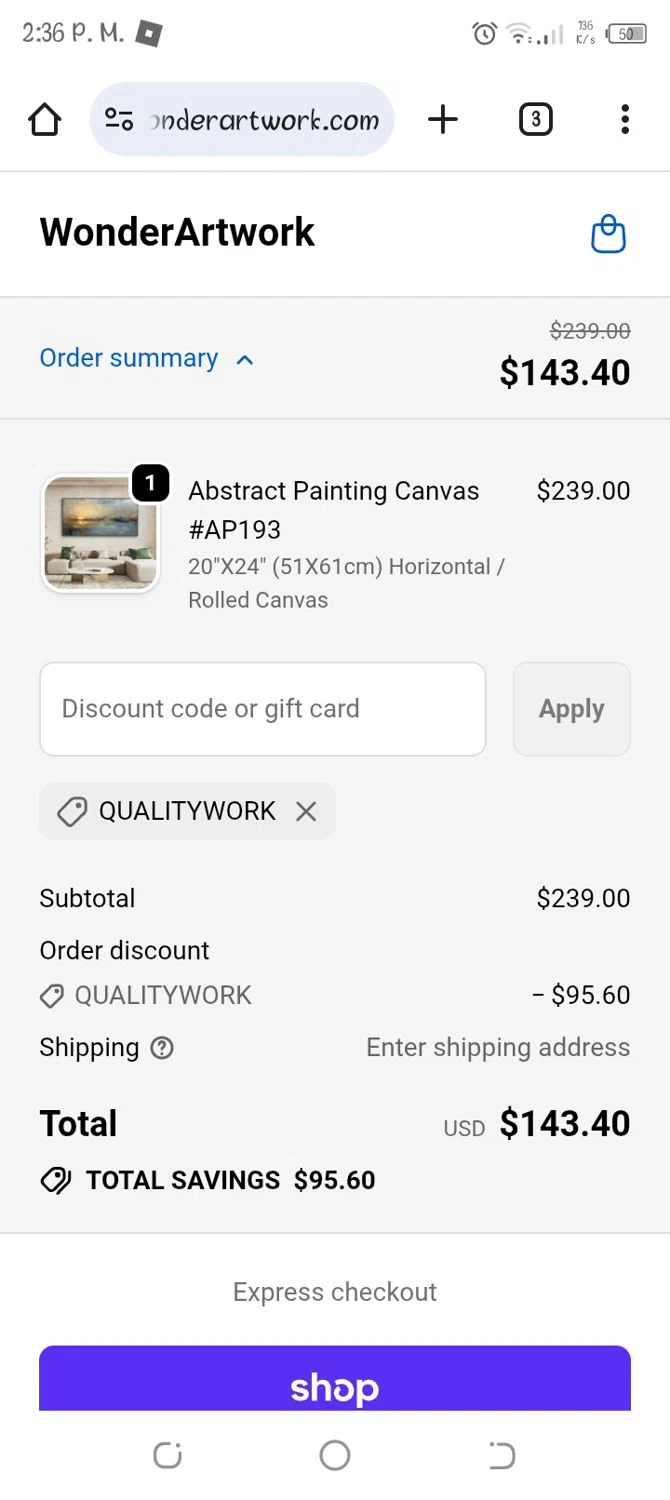 Wonder Artwork promo code screenshot showing code QUALITYWORK applied at Wonder Artwork checkout page. Uploaded by SimplyCodes community member Jhoan06 on Nov 22, 2025