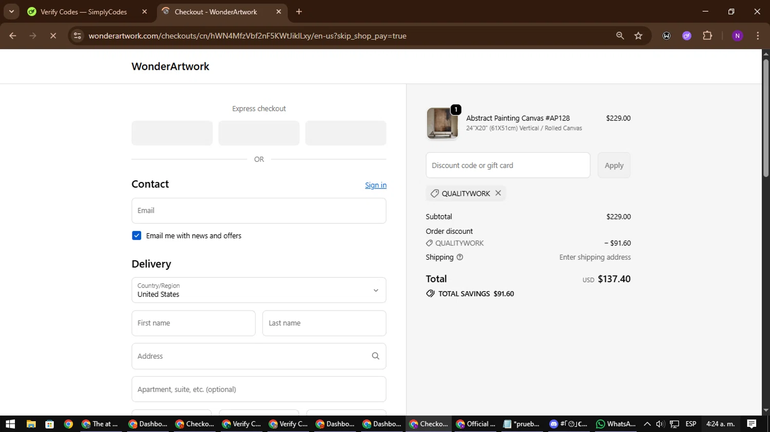 Wonder Artwork promo code screenshot showing code QUALITYWORK applied at Wonder Artwork checkout page. Uploaded by SimplyCodes community member NATAAAAAANAELCANO on Oct 21, 2025