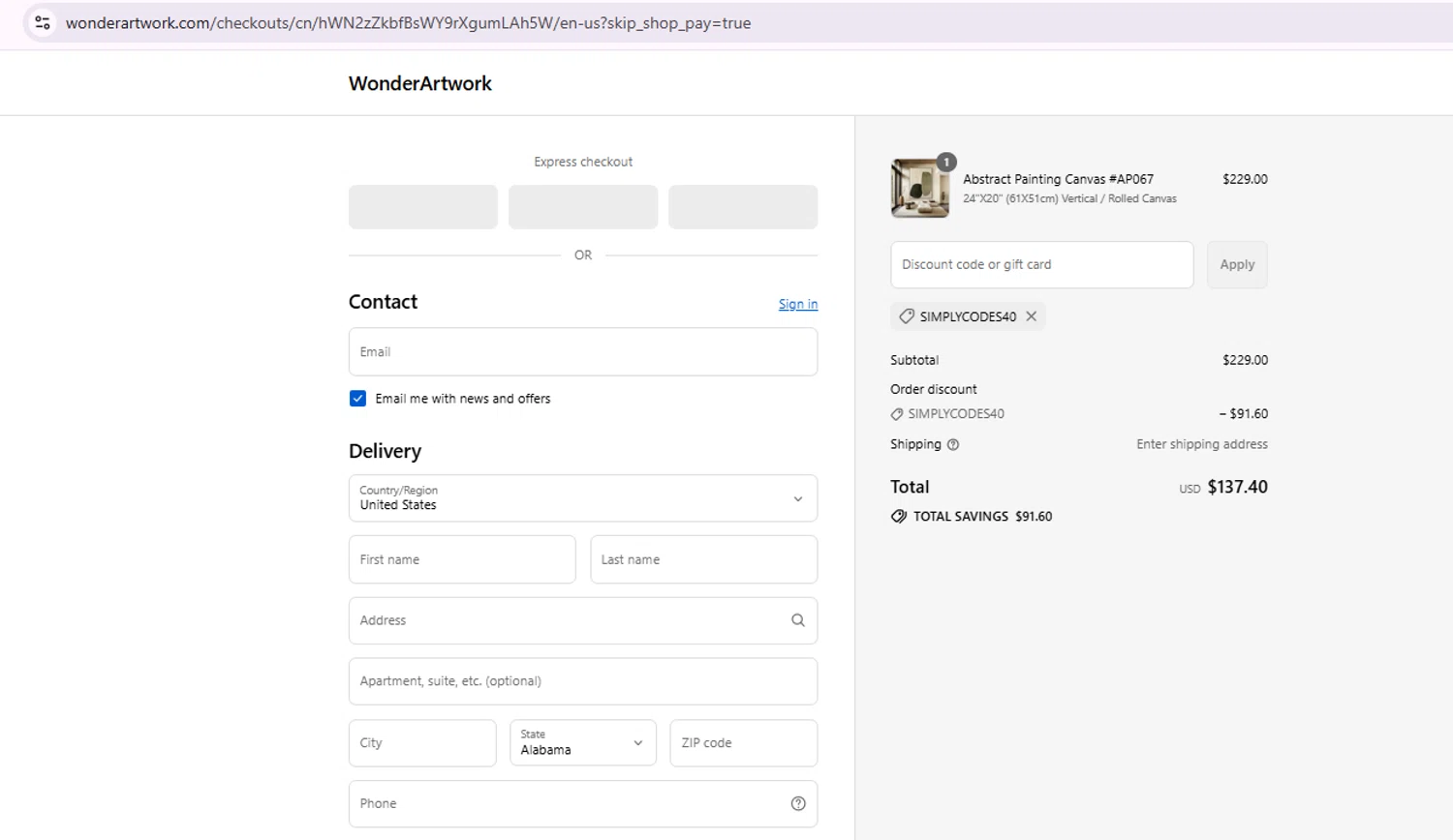 Wonder Artwork promo code screenshot showing code SIMPLYCODES40 applied at Wonder Artwork checkout page. Uploaded by SimplyCodes community member Samu10 on Sep 15, 2025