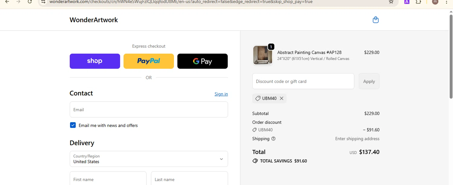 Wonder Artwork promo code screenshot showing code UBM40 applied at Wonder Artwork checkout page. Uploaded by SimplyCodes community member MightyMaven4946 on Oct 28, 2025