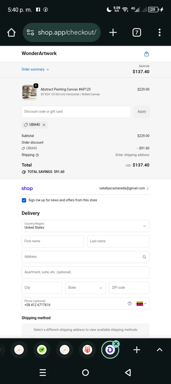 Wonder Artwork promo code screenshot showing code UBM40 applied at Wonder Artwork checkout page. Uploaded by SimplyCodes community member Eltoro20 on Oct 28, 2025