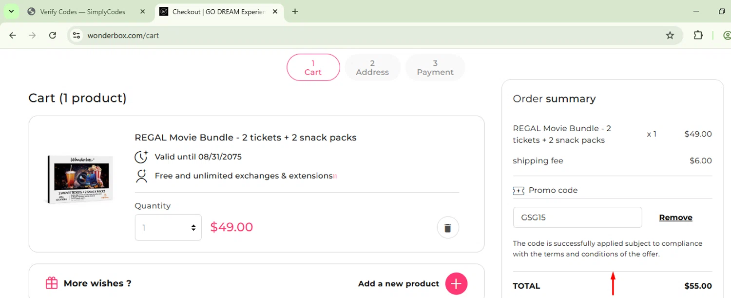 Wonderbox coupon code screenshot showing code gsg15 applied at Wonderbox checkout page. Uploaded by SimplyCodes community member CoinSage1043 on Aug 11, 2025