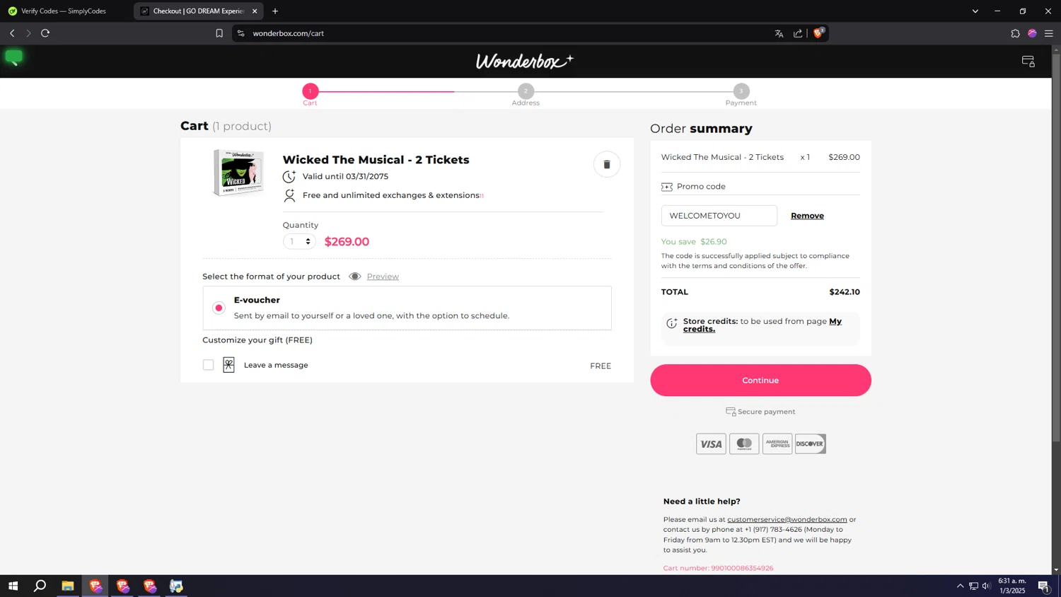 Wonderbox coupon code screenshot showing code WELCOMETOYOU applied at Wonderbox checkout page. Uploaded by SimplyCodes community member HUMANIZER on Mar 1, 2025