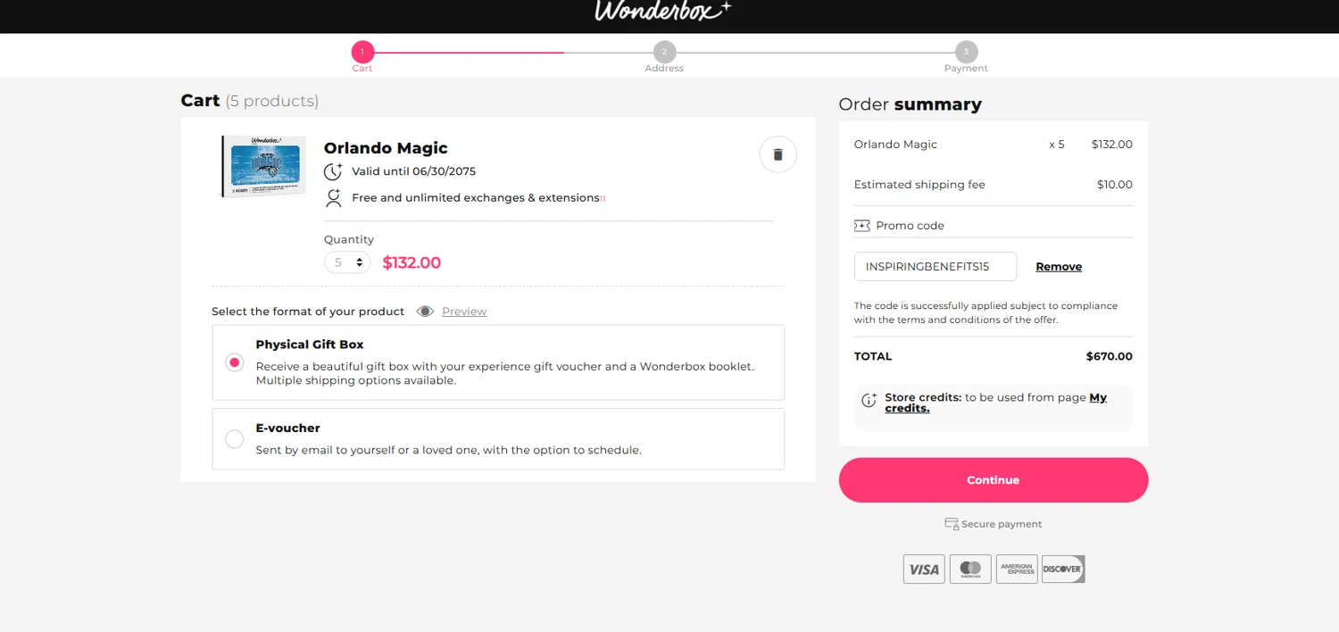 Wonderbox coupon code screenshot showing code INSPIRINGBENEFITS15 applied at Wonderbox checkout page. Uploaded by SimplyCodes community member Culebraparada on Jun 2, 2025