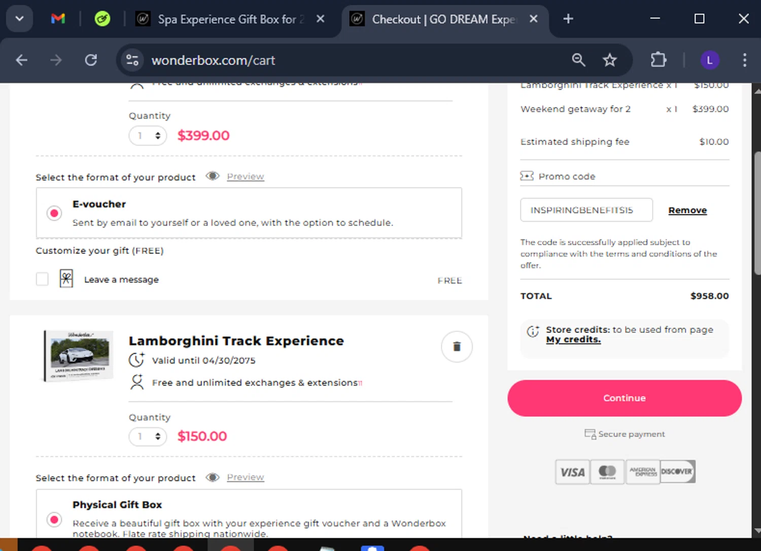 Wonderbox coupon code screenshot showing code INSPIRINGBENEFITS15 applied at Wonderbox checkout page. Uploaded by SimplyCodes community member CoinElite8726 on Apr 17, 2025