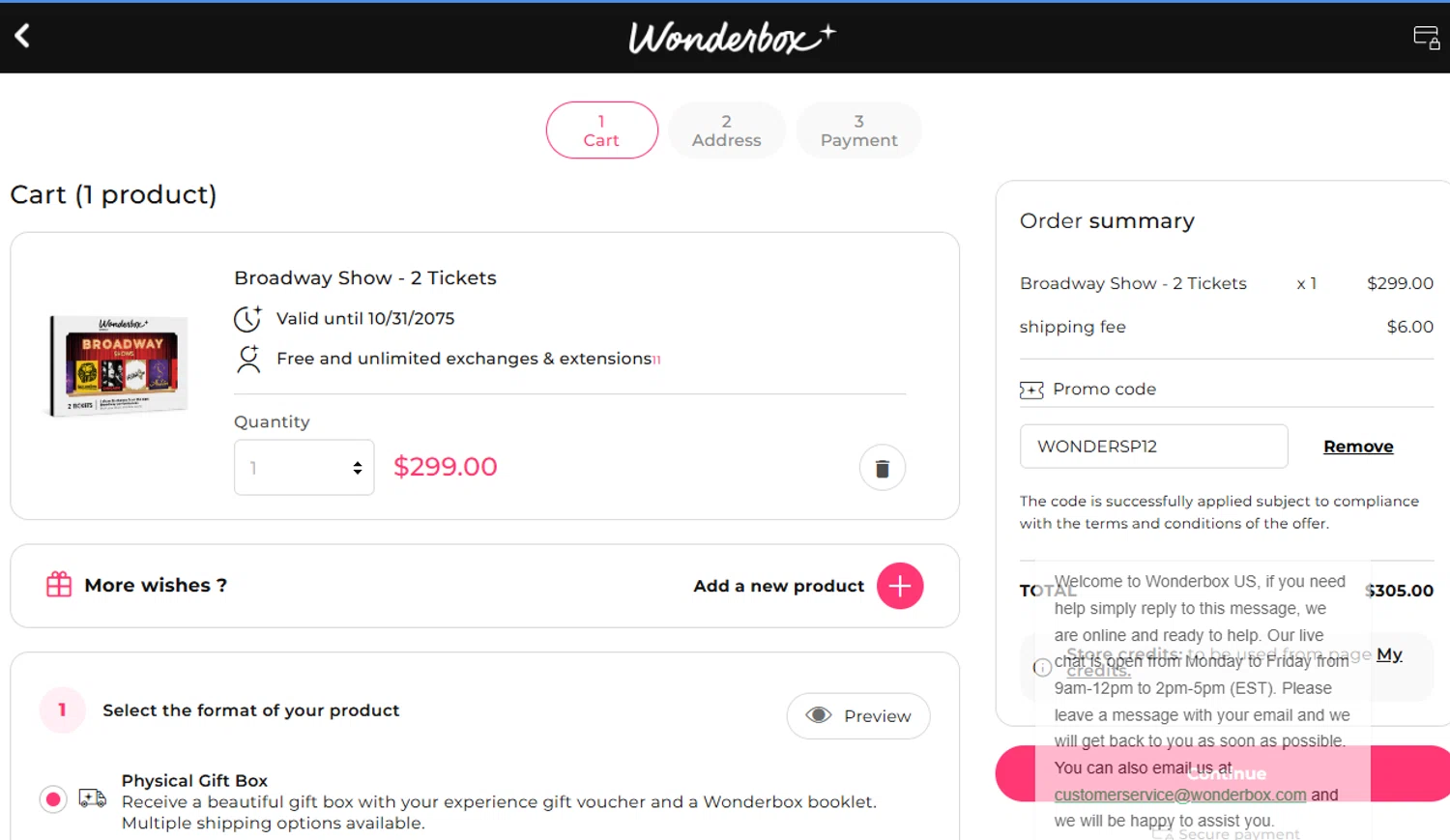 Wonderbox coupon code screenshot showing code WONDERSP12 applied at Wonderbox checkout page. Uploaded by SimplyCodes community member Garengod on Oct 8, 2025