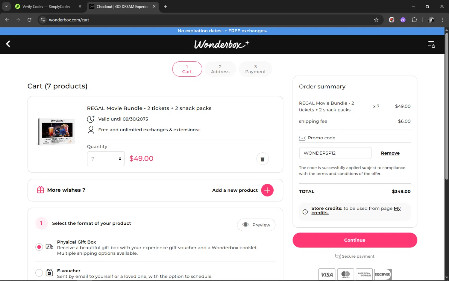 Wonderbox coupon code screenshot showing code WONDERSP12 applied at Wonderbox checkout page. Uploaded by SimplyCodes community member ELMARRON on Sep 9, 2025