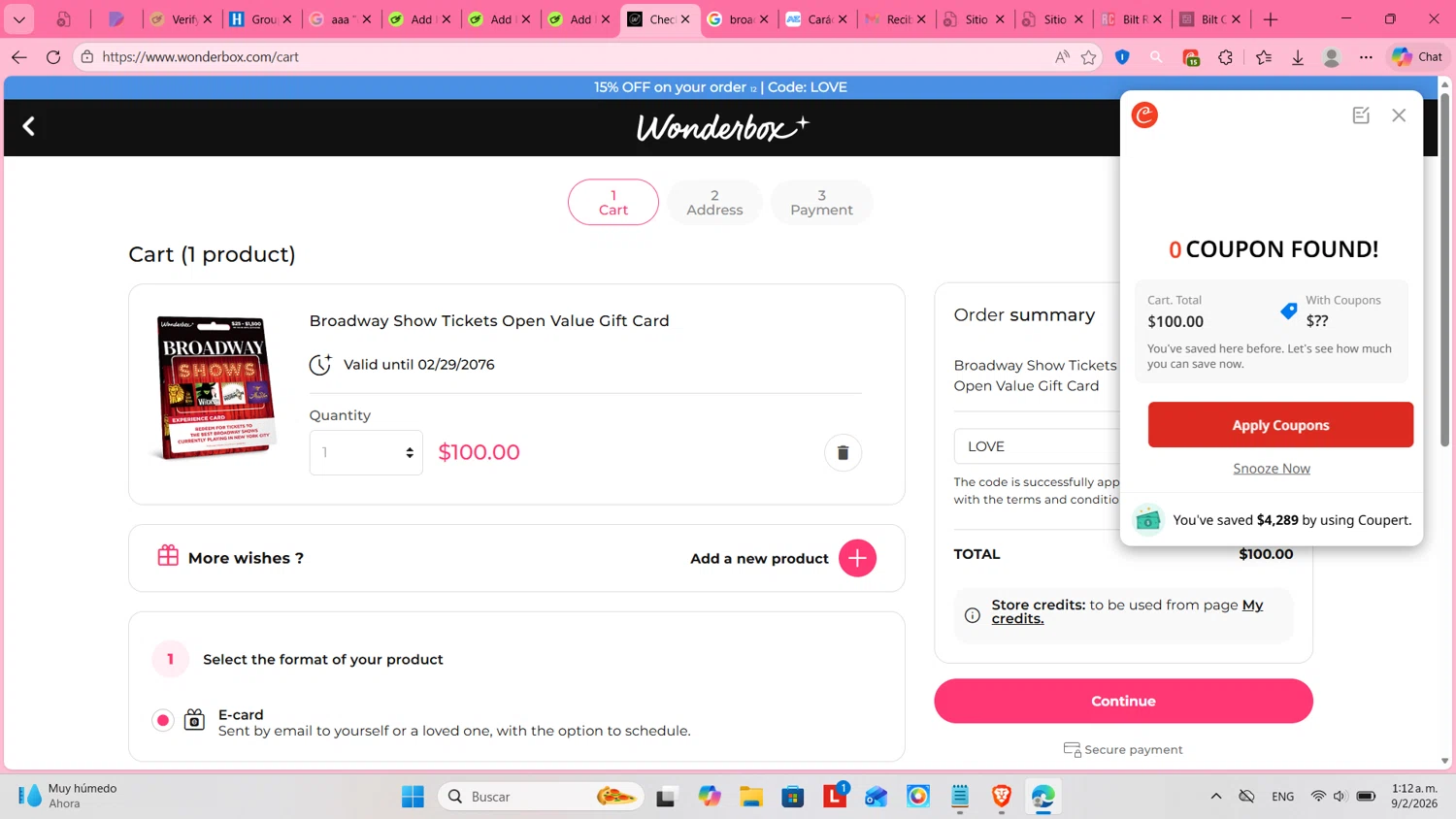 Wonderbox coupon code screenshot showing code LOVE applied at Wonderbox checkout page. Uploaded by SimplyCodes community member cosita on Feb 9, 2026