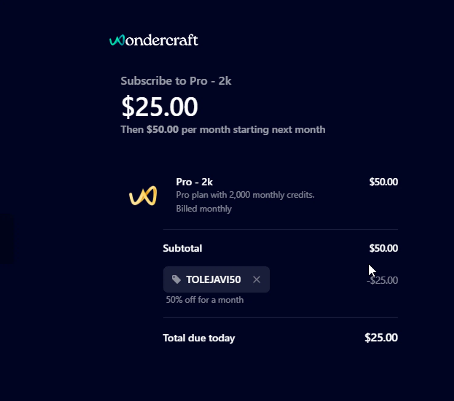 Wondercraft AI promo code screenshot showing code ToleJavi50 applied at Wondercraft AI checkout page. Uploaded by SimplyCodes community member 111111 on Oct 31, 2025