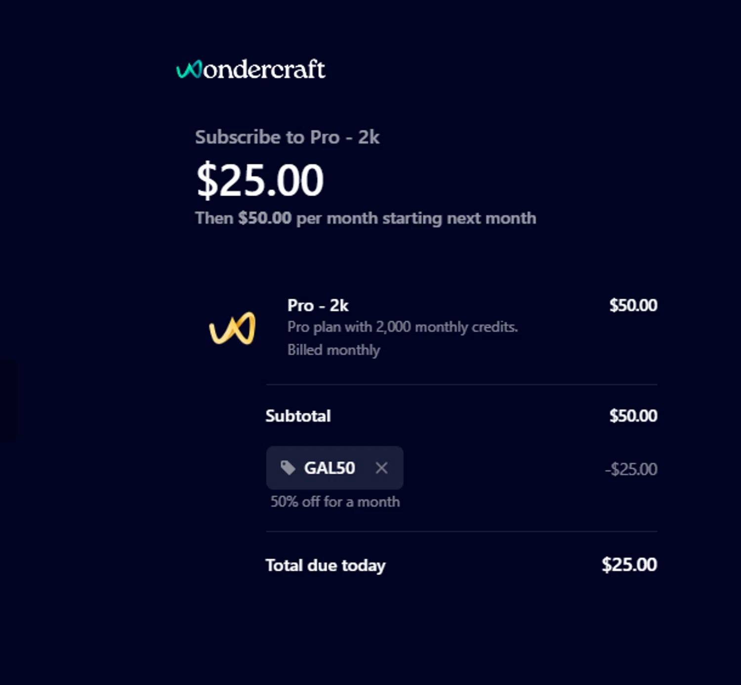 Wondercraft AI promo code screenshot showing code GAL50 applied at Wondercraft AI checkout page. Uploaded by SimplyCodes community member 111111 on Oct 31, 2025