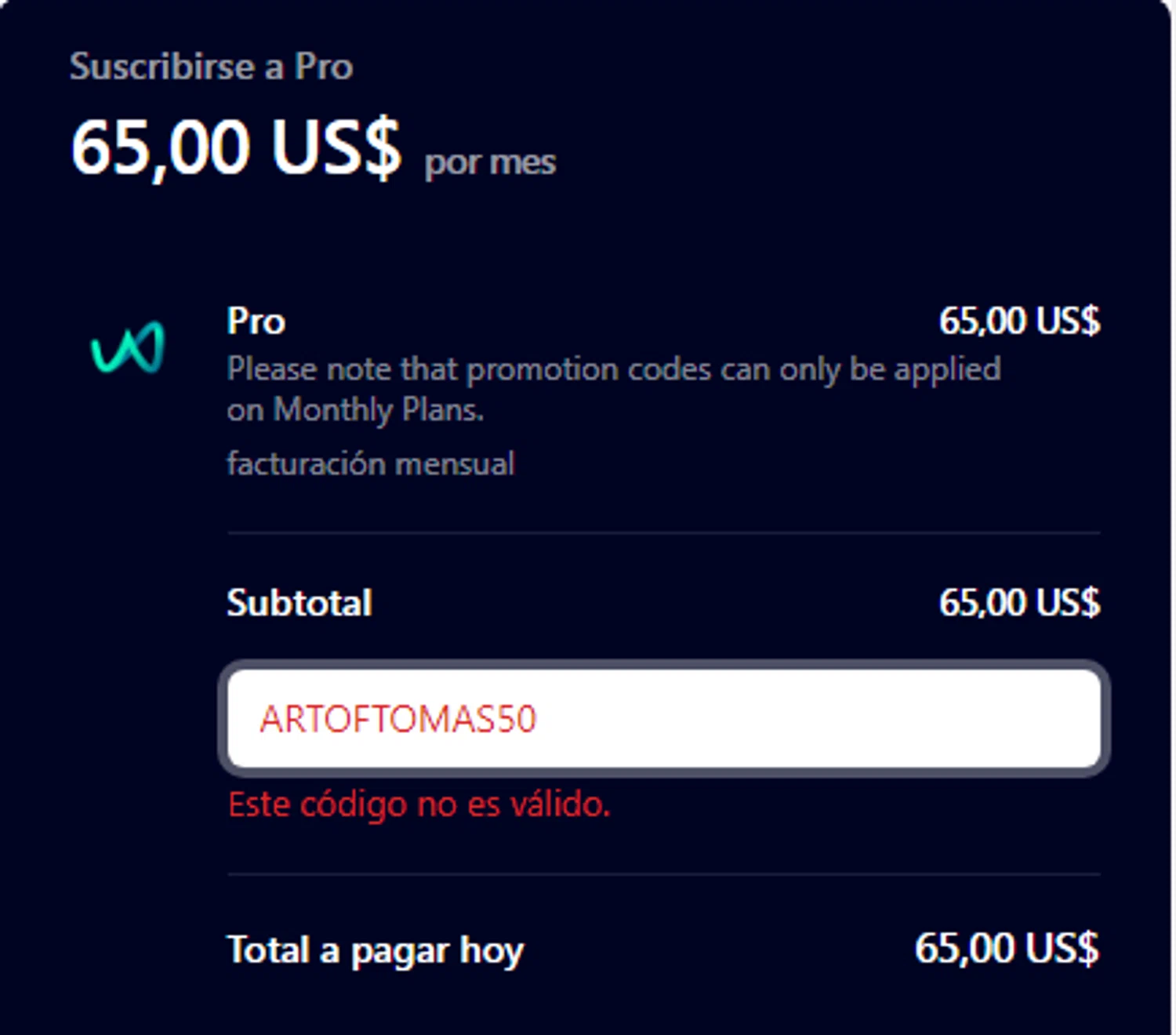 Wondercraft AI promo code screenshot showing code ARTOFTOMAS50 applied at Wondercraft AI checkout page. Uploaded by SimplyCodes community member cachirulo on Feb 7, 2025