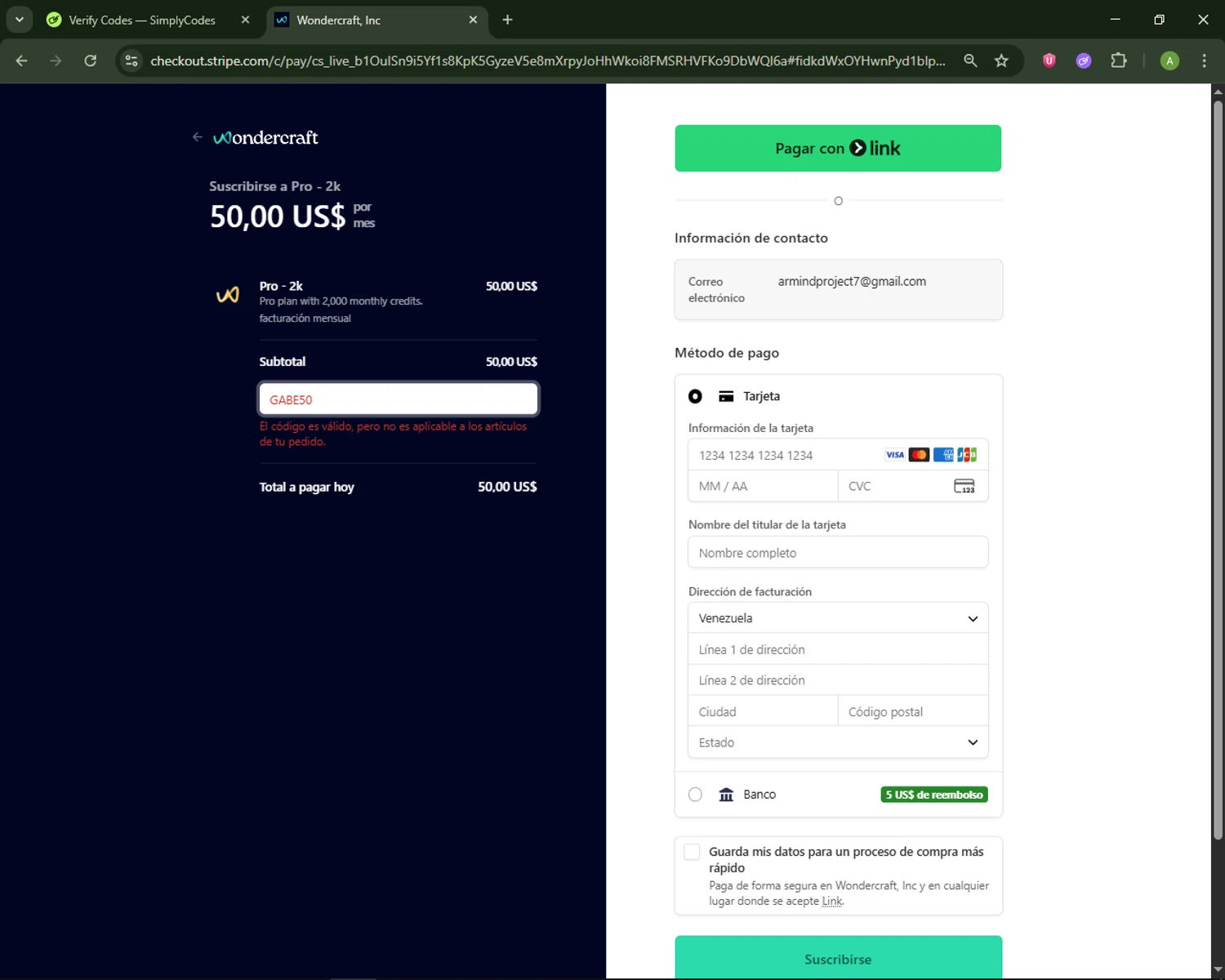 Wondercraft AI promo code screenshot showing code GABE50 applied at Wondercraft AI checkout page. Uploaded by SimplyCodes community member MagnificentSaver708 on Jan 29, 2026
