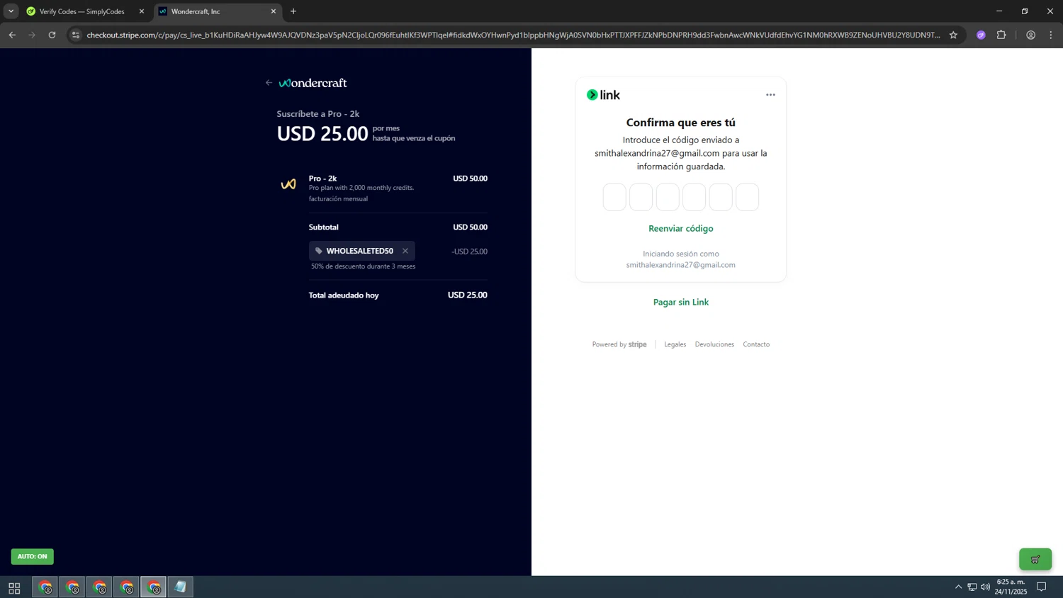 Wondercraft AI promo code screenshot showing code WHOLESALETED50 applied at Wondercraft AI checkout page. Uploaded by SimplyCodes community member CashSage1885 on Nov 24, 2025