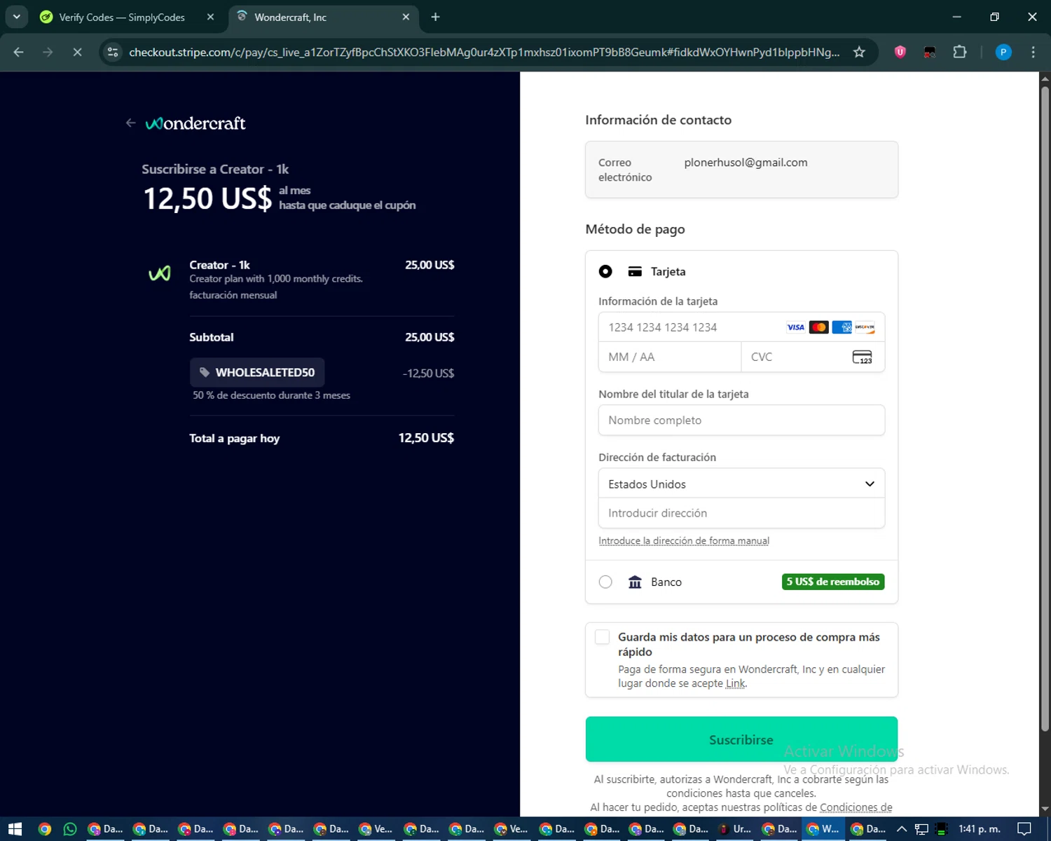 Wondercraft AI promo code screenshot showing code WHOLESALETED50 applied at Wondercraft AI checkout page. Uploaded by SimplyCodes community member juiceWRLD on Jan 27, 2026