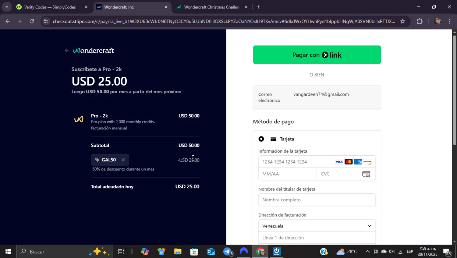 Wondercraft AI promo code screenshot showing code GAL50 applied at Wondercraft AI checkout page. Uploaded by SimplyCodes community member ShieldEagle9436 on Nov 30, 2025
