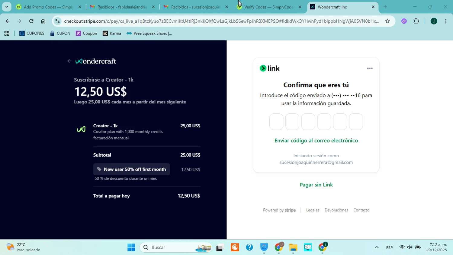 Wondercraft AI promo code screenshot showing code ToleJavi50 applied at Wondercraft AI checkout page. Uploaded by SimplyCodes community member ABHF23 on Dec 29, 2025