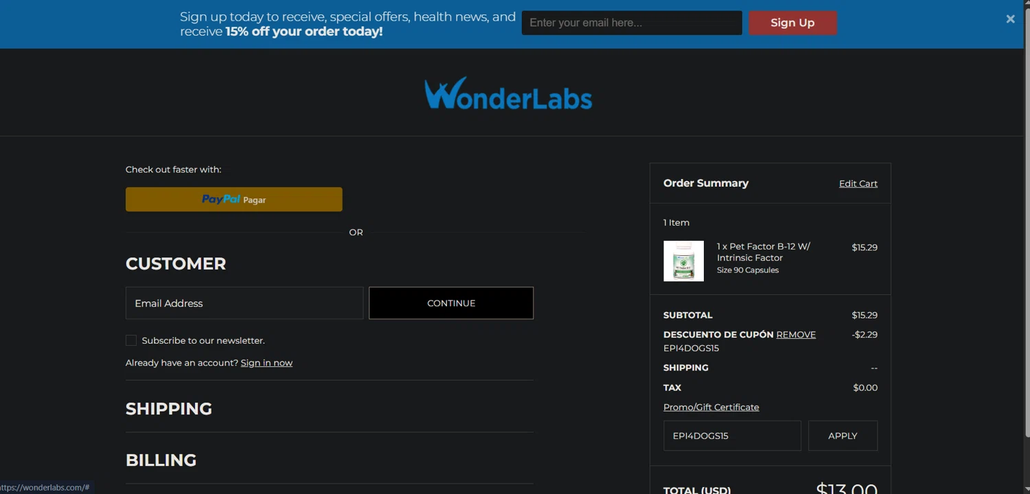 WonderLabs coupon code screenshot showing code EPI4DOGS15 applied at WonderLabs checkout page. Uploaded by SimplyCodes community member Ray_YNN on Jun 20, 2025