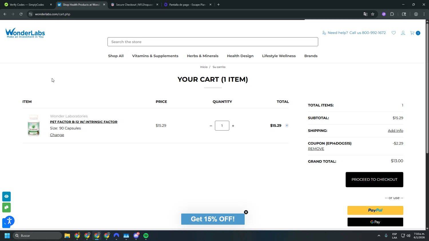 WonderLabs coupon code screenshot showing code EPI4DOGS15 applied at WonderLabs checkout page. Uploaded by SimplyCodes community member asdasdasd on Jan 6, 2026