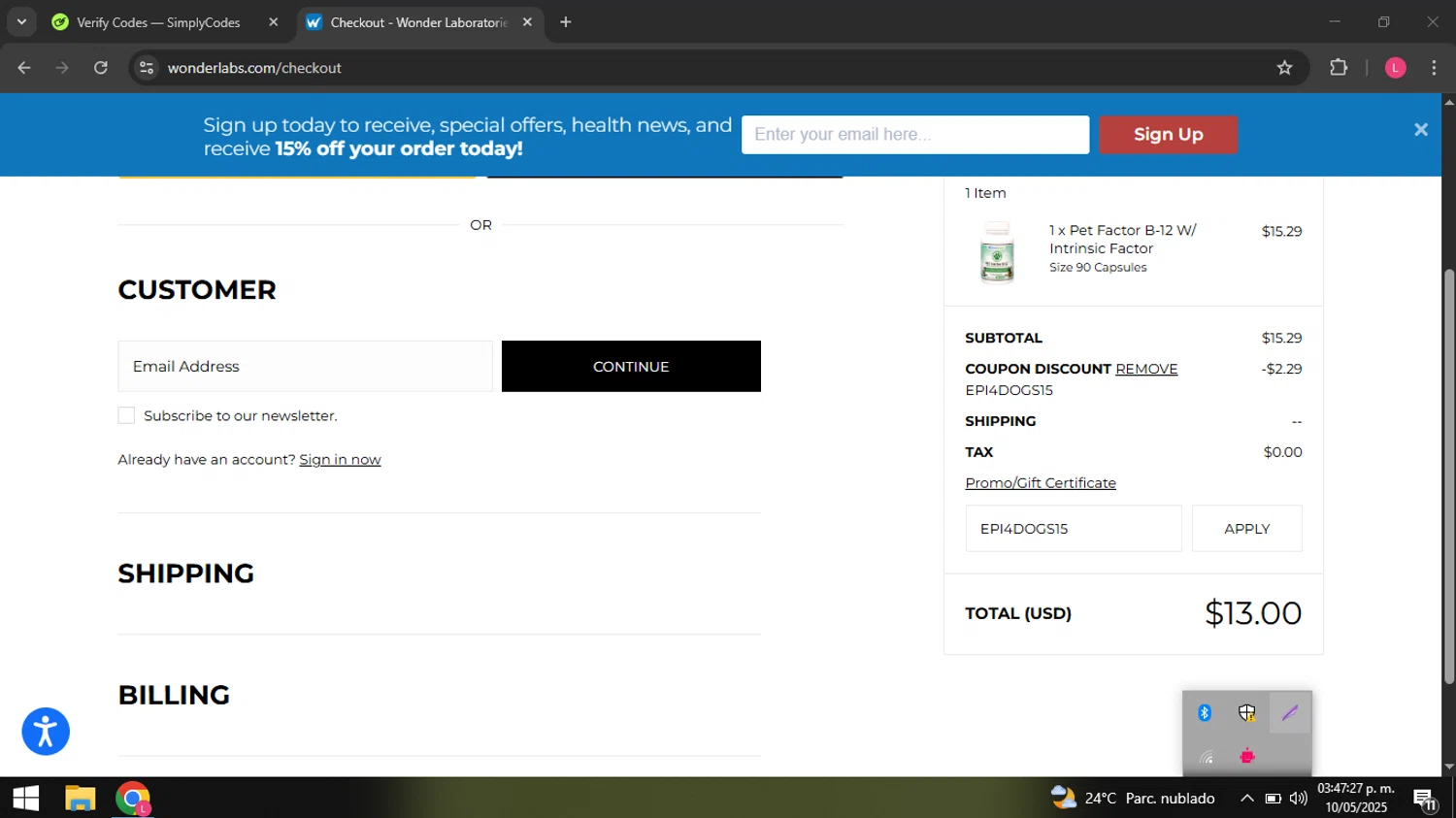 WonderLabs coupon code screenshot showing code EPI4DOGS15 applied at WonderLabs checkout page. Uploaded by SimplyCodes community member coder_916642691 on May 10, 2025
