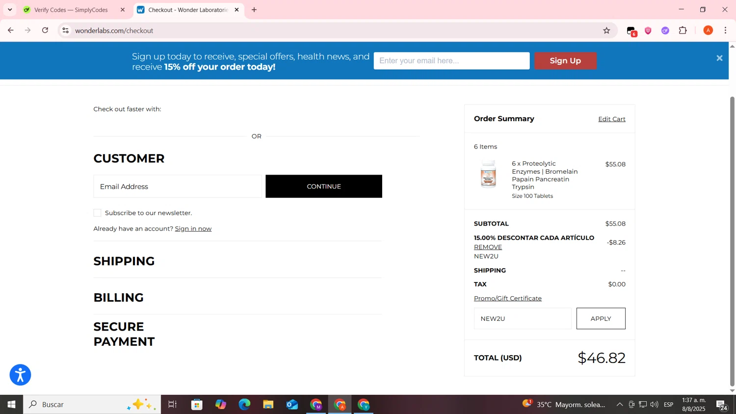 WonderLabs coupon code screenshot showing code NEW2U applied at WonderLabs checkout page. Uploaded by SimplyCodes community member FrugalSentinel6206 on Aug 8, 2025